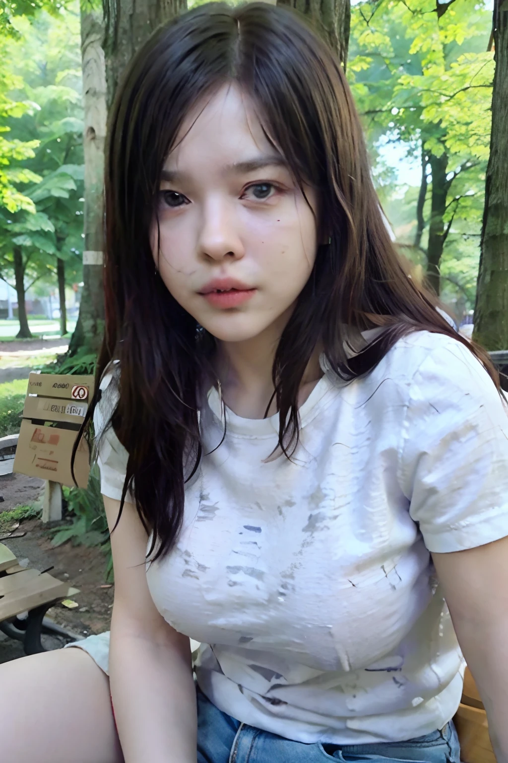 (Realistic, photo-realistic:1.4), (1girl), big breast, black tshirt and jeans, sitting on a bench in a park