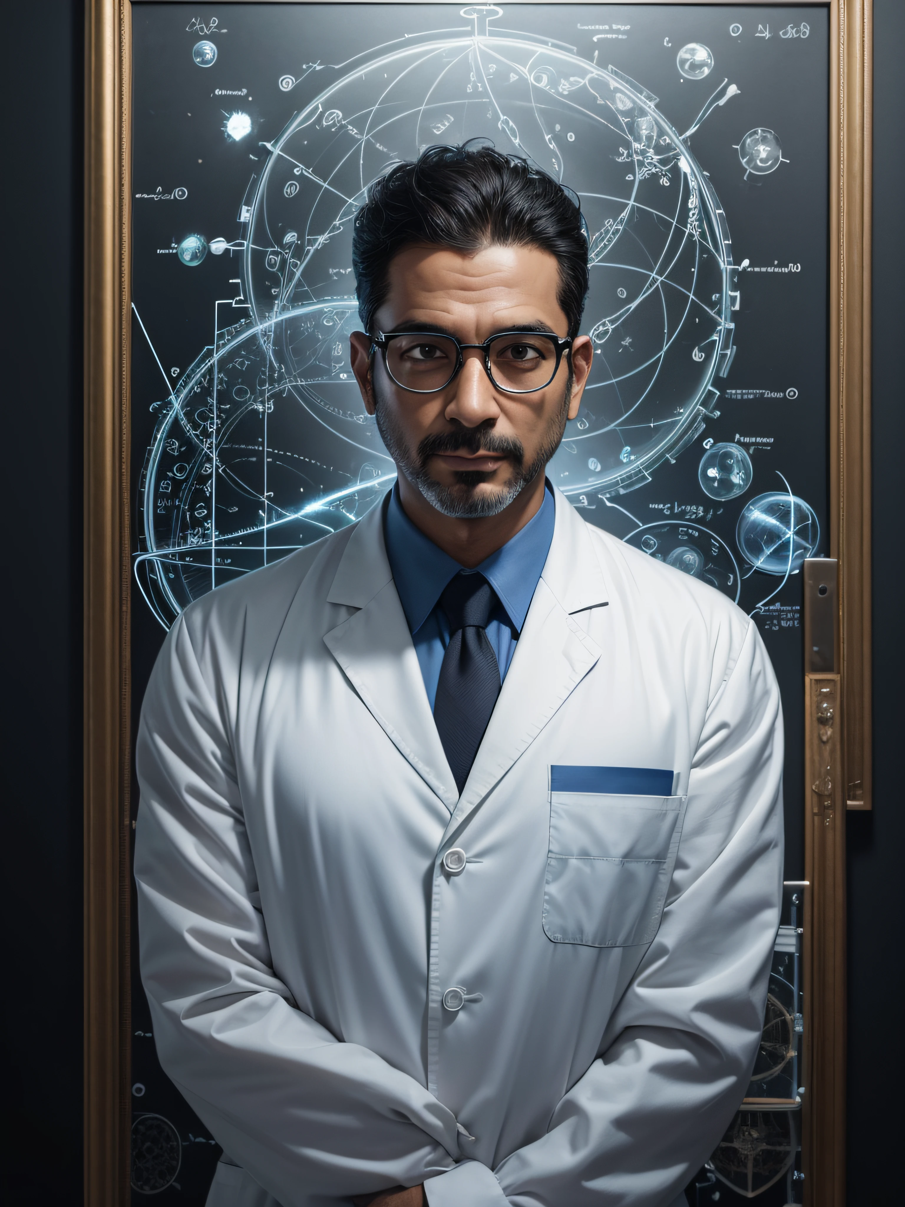 absurd resolution, high resolution, reflection, refraction:1.4 ultra-detailed:1.0 (illustration, line drawing), masterpiece, scientist with glasses, full-length, man (European, Arab, dark-skinned), ugly, middle-aged, 40 years old, work suit (polyester, synthetics), tattoos on the head, scientific uniform, scientist, scientific, biologist, technologist