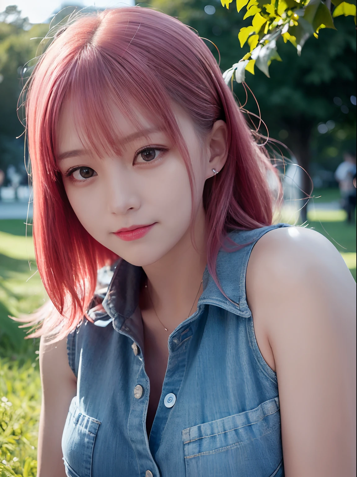 best quality, realistic, ultra high res, (photorealistic1.4), 1girl, solo, bareface, glowing eyes, red eyes, red hair, smile, sleeveless red button shirt, night, in the park, ((upper body)), ((puffy eyes)), (((looking at viewer))), ((closeup)),