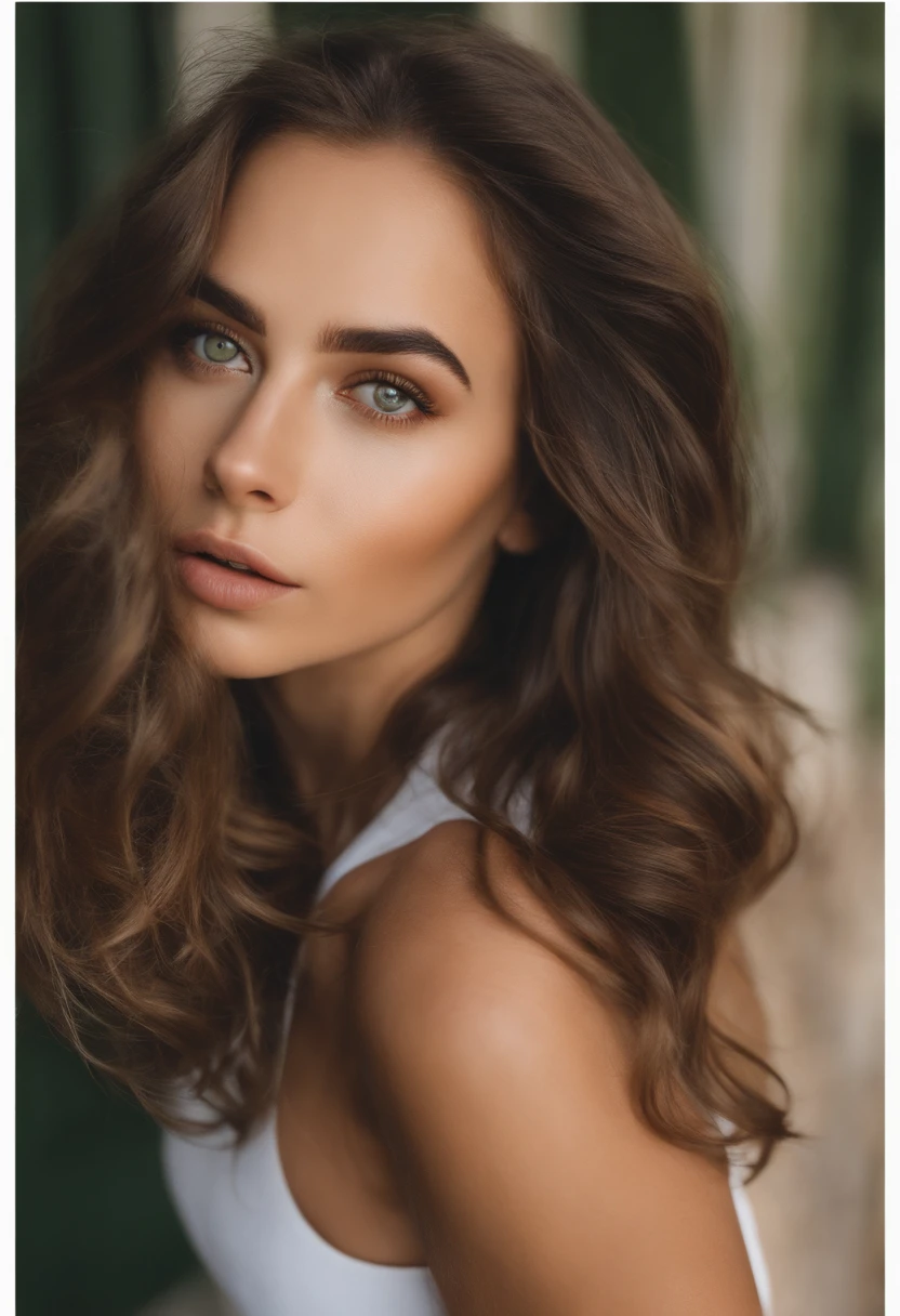Arafed Mujer con una camiseta blanca sin mangas y un collar, Chica sexy con ojos verdes, Retrato Sophie Mudd, brown hair and large eyes, selfie de una mujer joven, Ojos del dormitorio, Violeta Myers, sin maquillaje, Maquillaje natural, staring directly into camera, cara con artgram, maquillaje sutil, Impresionante foto de cuerpo completo, penetrantes ojos verdes