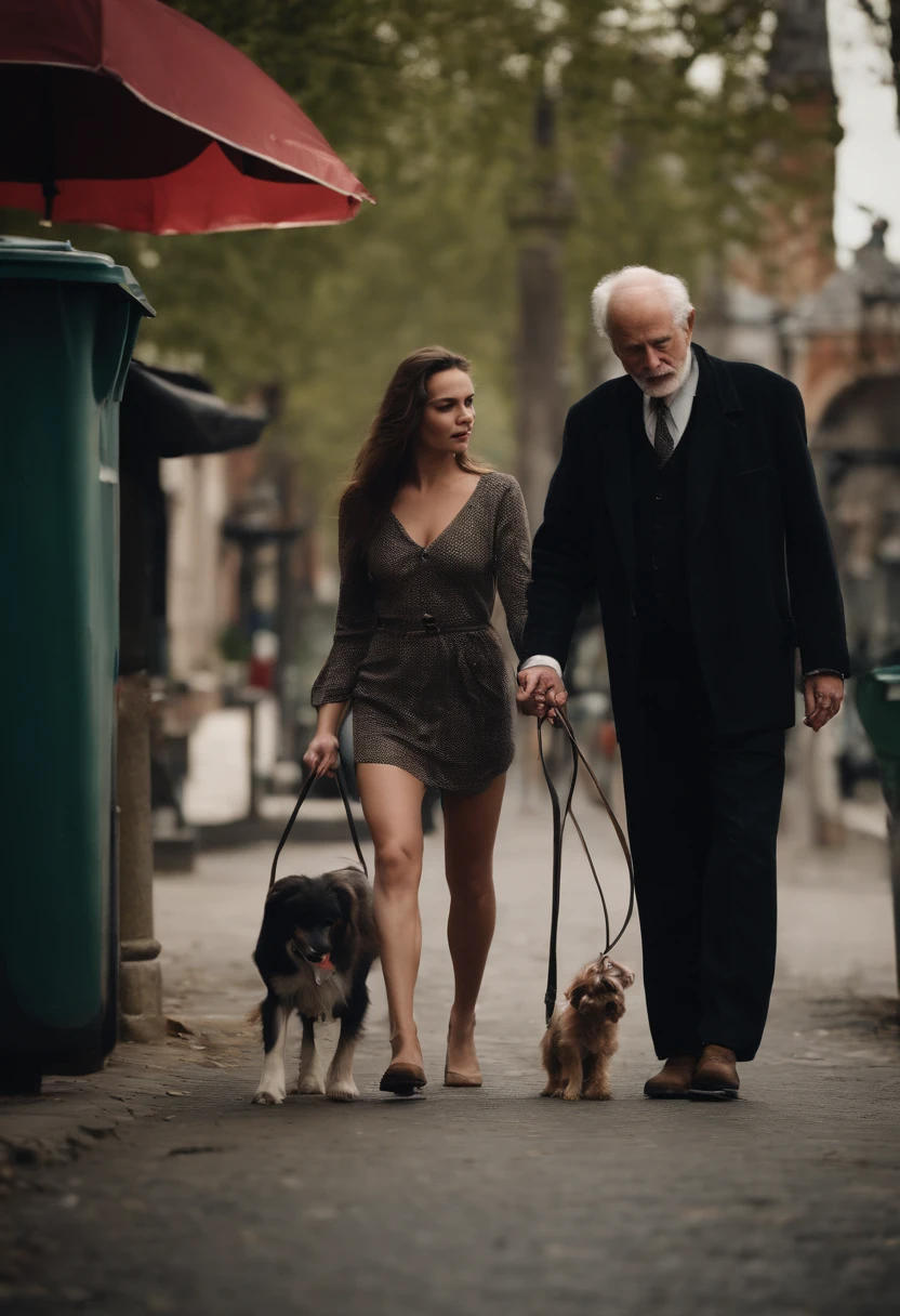 1girl, 1 old man, a 23 years old tall brunette slim girl is a slave to an old man, she's walking like a god, she's crying she's naked, the old man controls her with a dog leash, street, near to a trashcan