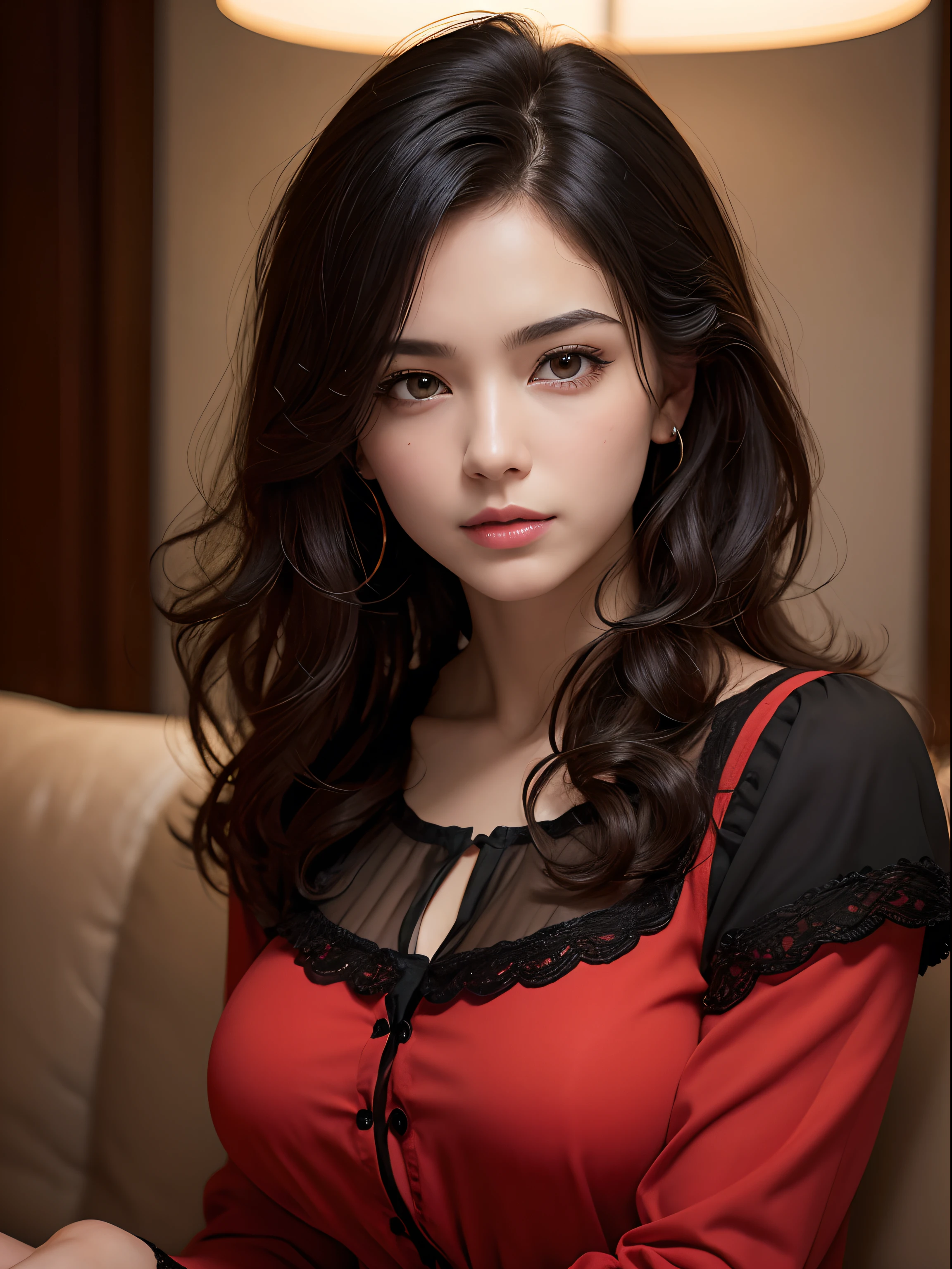 bloom, lens reflection, (8k, RAW, professional, best quality, masterpiece: 1.2), (realistic, photorealistic: 1.37), ultra-detailed, (wide-angle 25mm portrait), (most detailed skin: 1.2), very detailed face, cinematic lighting, 1girl, curly black hair, (windy), standing on the couch, dark light, looking at the camera, large breasts, black and red blouse