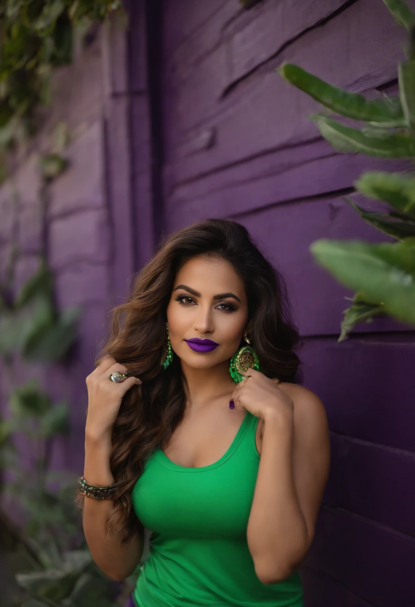 A beautiful Latina women with long wavy brown hair, green lipstick, purple and green painted nails, wearing a green tank top that doesn't cover her bellybutton, purple short shorts, green and purple sneakers.