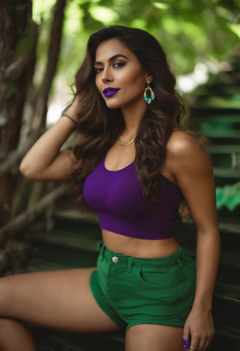 A beautiful Latina women with long wavy brown hair, green lipstick, purple and green painted nails, wearing a green tank top that doesn't cover her bellybutton, purple short shorts, green and purple sneakers.