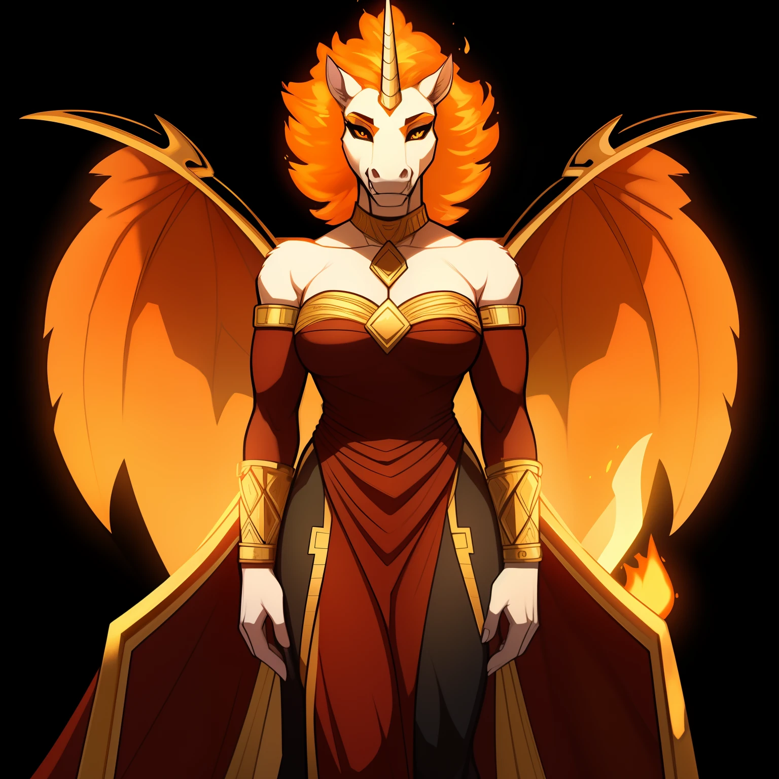 muscular_mature_unicorn female flaming_mane orange_mane white_furry_body orange_iris black_sclera slit_pupils solo Masterpiece best_quality absurdres highly_detailed gown_with_gold_trim gold_circlet gold_gorget gold_bracers cleanly_drawn_eyes fangs flaming_wings orange_eyeshadow horse_snout anthro_only by_claweddrip, by_greasymojo, by_underscore-b, by_runawaystride