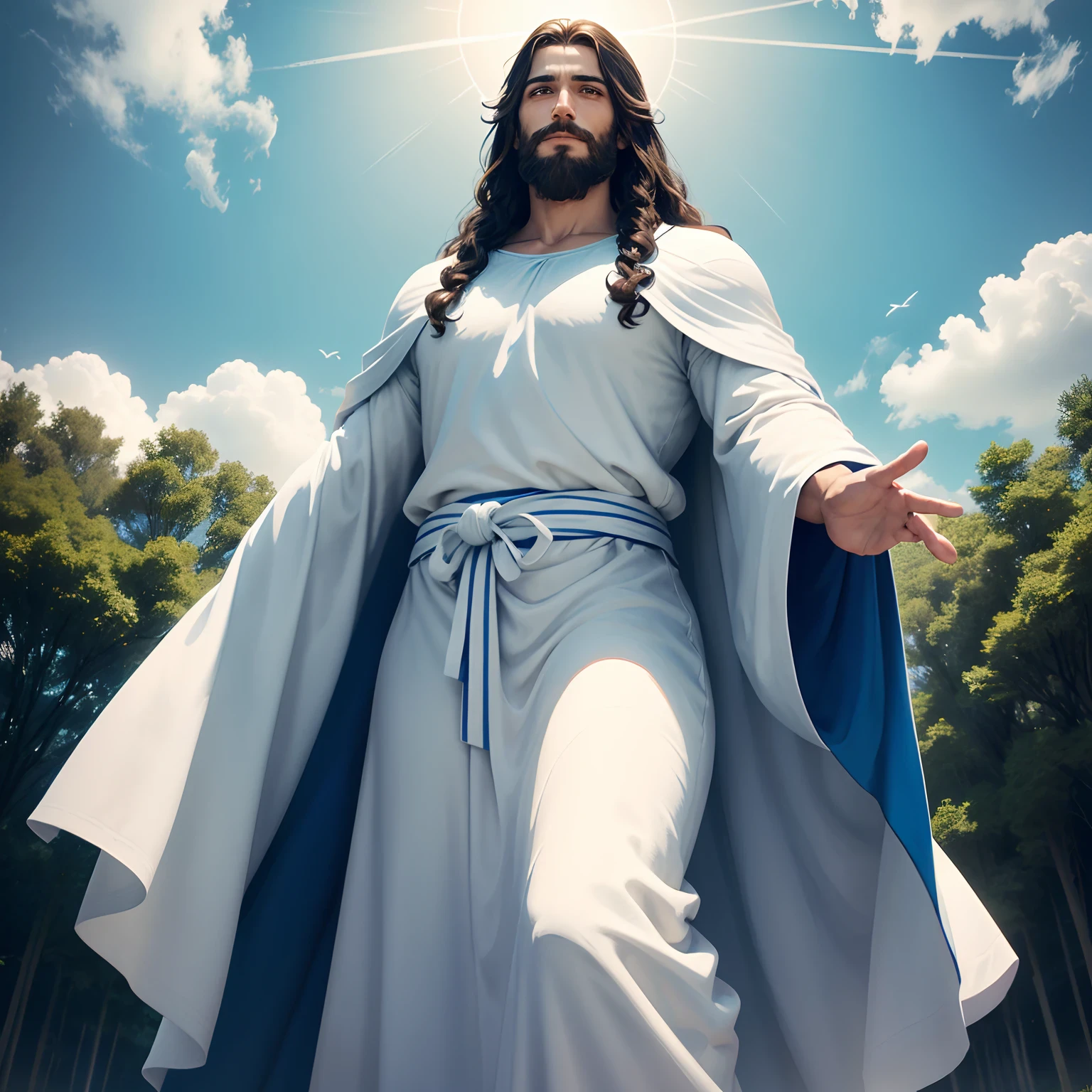 Jesus Christ is standing on a hill, Olhando para o horizonte. He is wearing a white robe and a blue robe.., and her hair is long and dark. Ele tem uma barba e um bigode, and his eyes are blue. he's smiling, and its expression is one of love and compassion.

the sun is shining, and the clouds are white and fluffy. The air is filled with the sound of birds singing. The landscape is beautiful, com montanhas, rios e florestas.

Jesus is an imposing and majestic figure. He is the son of God, And He came to earth to save humans from their sins. He is a divine being, and he is worthy of our worship.