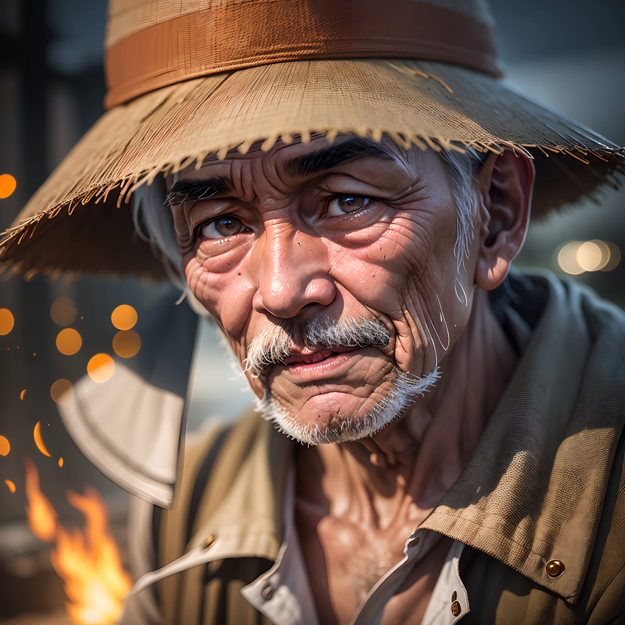 Close-up of an old Vietnamese man's face, illuminated by firelight, against a backdrop of a dirty river and shanty town, austere face, torn shirt with a few patches, full body --auto --s2