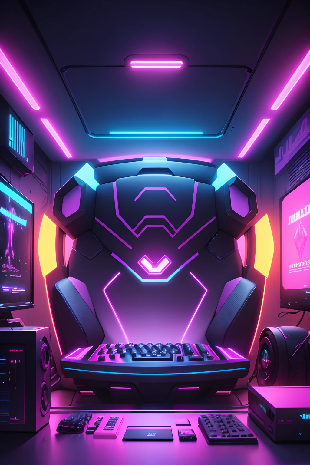 Un primer plano de una zona de juego con un teclado y un controlador de juego, gamer aesthetic, Game aesthetics, gamer themed, Aesthetics Synthetic wave, Portada del juego, game promotional poster, Antecedentes de Warzone, (synthwave), Backwave atmosphere, synthwave, Portada de videojuegos, Art Style Synthetic Wave, Synthetic Wave Background, ( ( ( synthwave ) ) ), juego, game poster