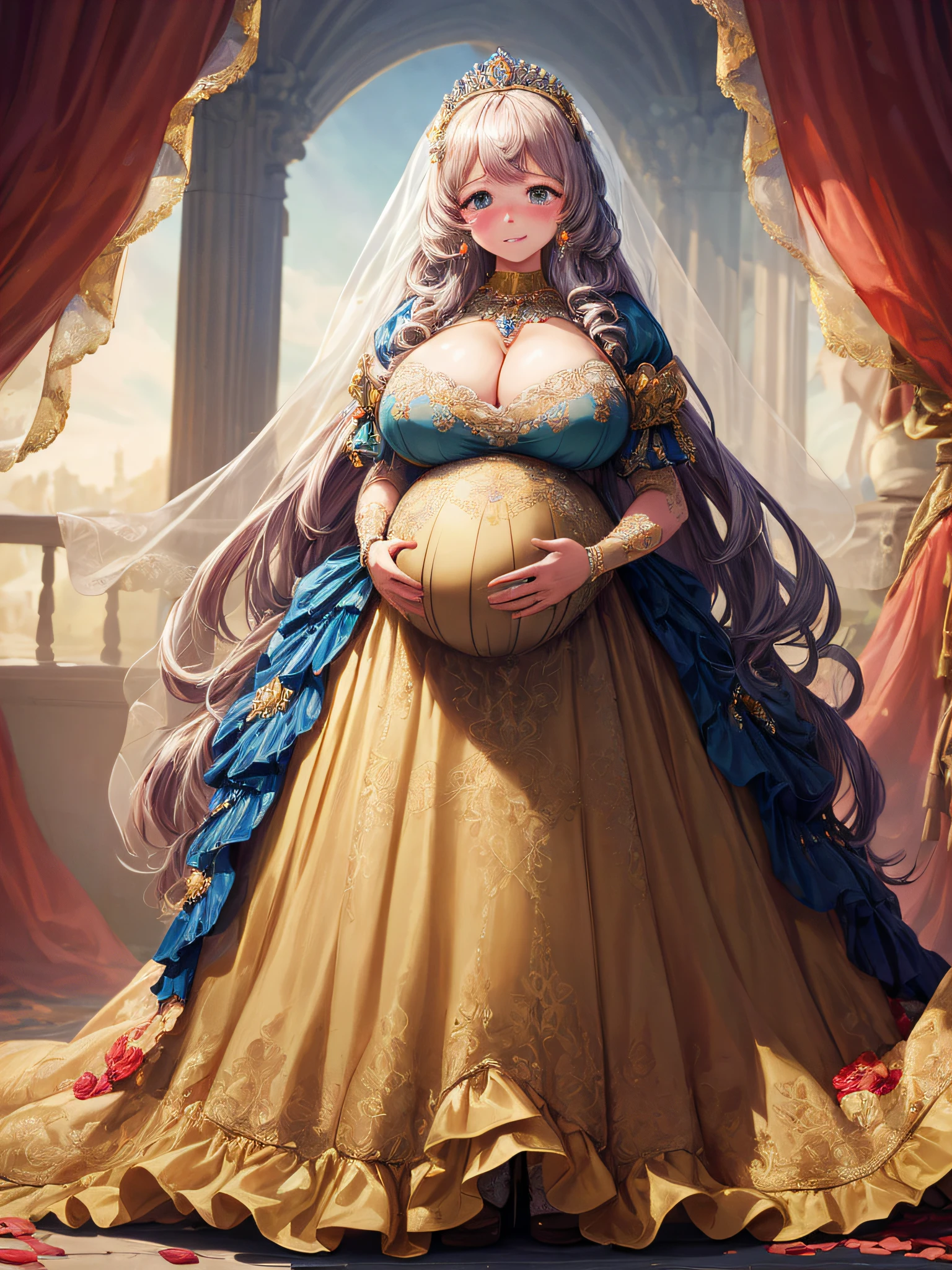 (masterpiece, best quality,extremely detailed:1.1),(moe anime art style:1.2),1girl,((full body,focus face)),((solo)), cute, kawaii,digital art,((1 bling-bling pregnant princess wearing beautiful embroidery and jeweled gorgeous princess rococo ballgown with voluminous full length hoop skirt)),(((heavily pregnant))),very big pregnant belly,((crinoline)),long train,voluminous frills,(gorgeous embroidery and beautiful lace),((very gigantic boobs,skindentation)),cleavage,shiny hair,(((very long hair,large amount of straight hair))),((embarrassed,cry)),((finely detailed face and eyes)),clear pupil,extremely gorgeousfull hair ornament,(bling-bling jeweled extremely gorgeousfull tiara),(bling-bling gorgeous gemstone jewelry),long veil,beautiful background,fantasy background,flowers,flower petals flowing,full body,((beautiful embroidery and jeweled ruffled gorgeous princess rococo ballgown with voluminous full length hoop skirt))