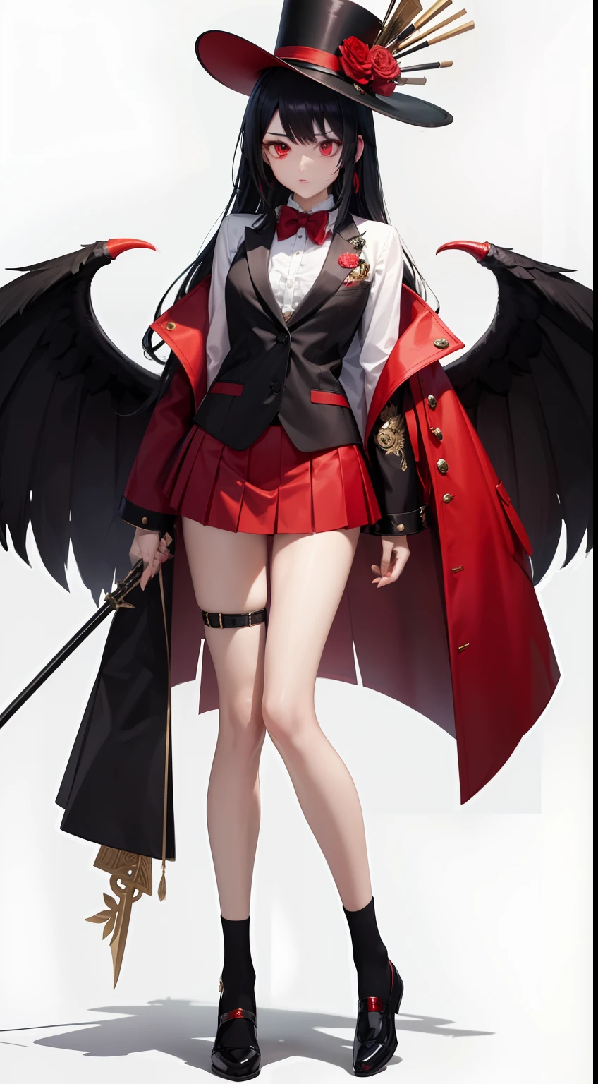 spear、Black hair with red、Vest under blazer、Small top hat and floral ornament on the right、Bone wings on the back、lowfers、knee sox、Hot pants inside the skirt