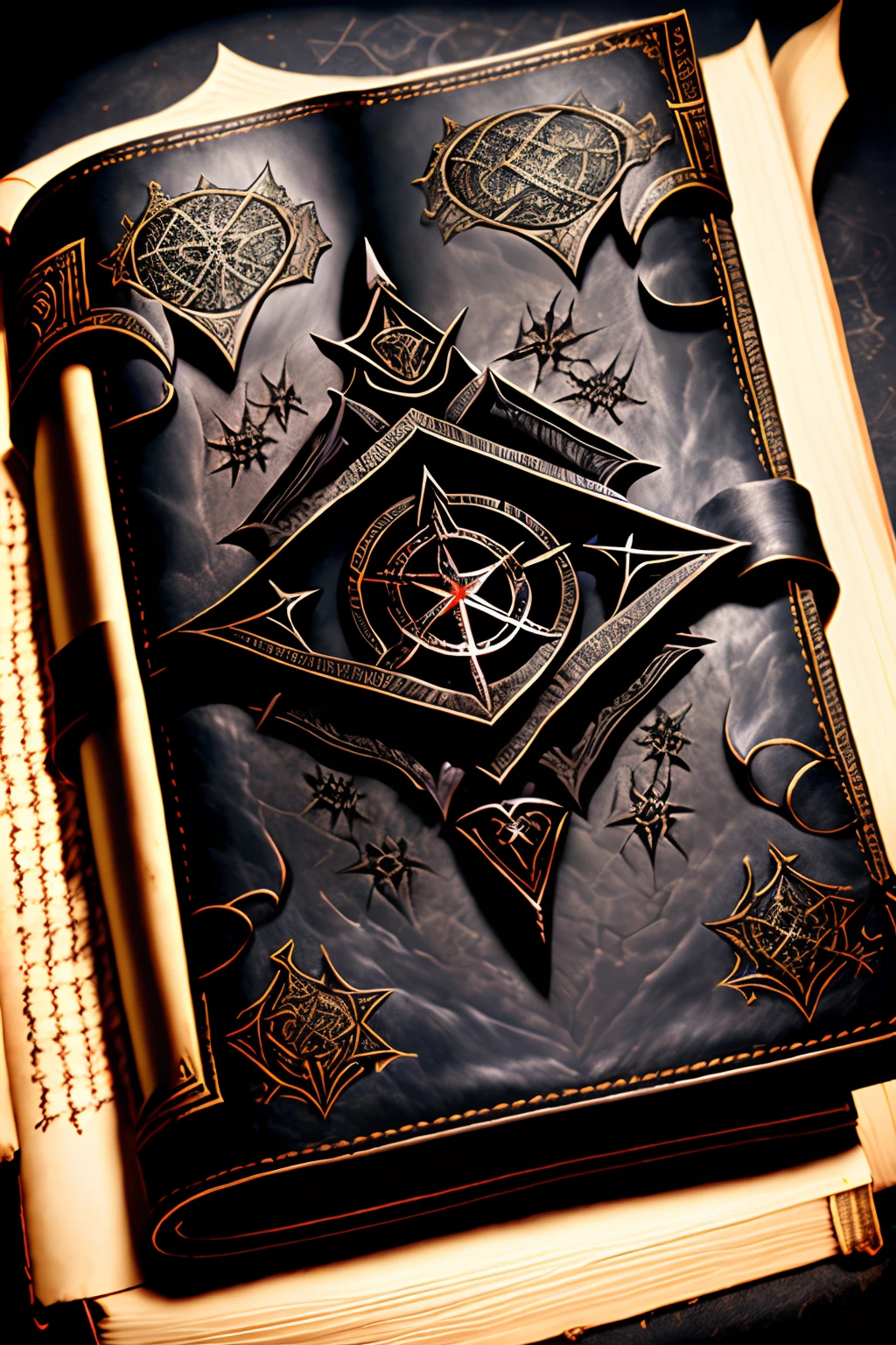 The book is an ancient and mysterious artifact, covered in blackened leather and marked with sinister runes. As occultists hold it, it radiates an aura of dark power, with worn pages containing forbidden knowledge and hidden secrets. The occultists' hands are gloved and trembling, revealing tension and reverence for the power they possess. --auto