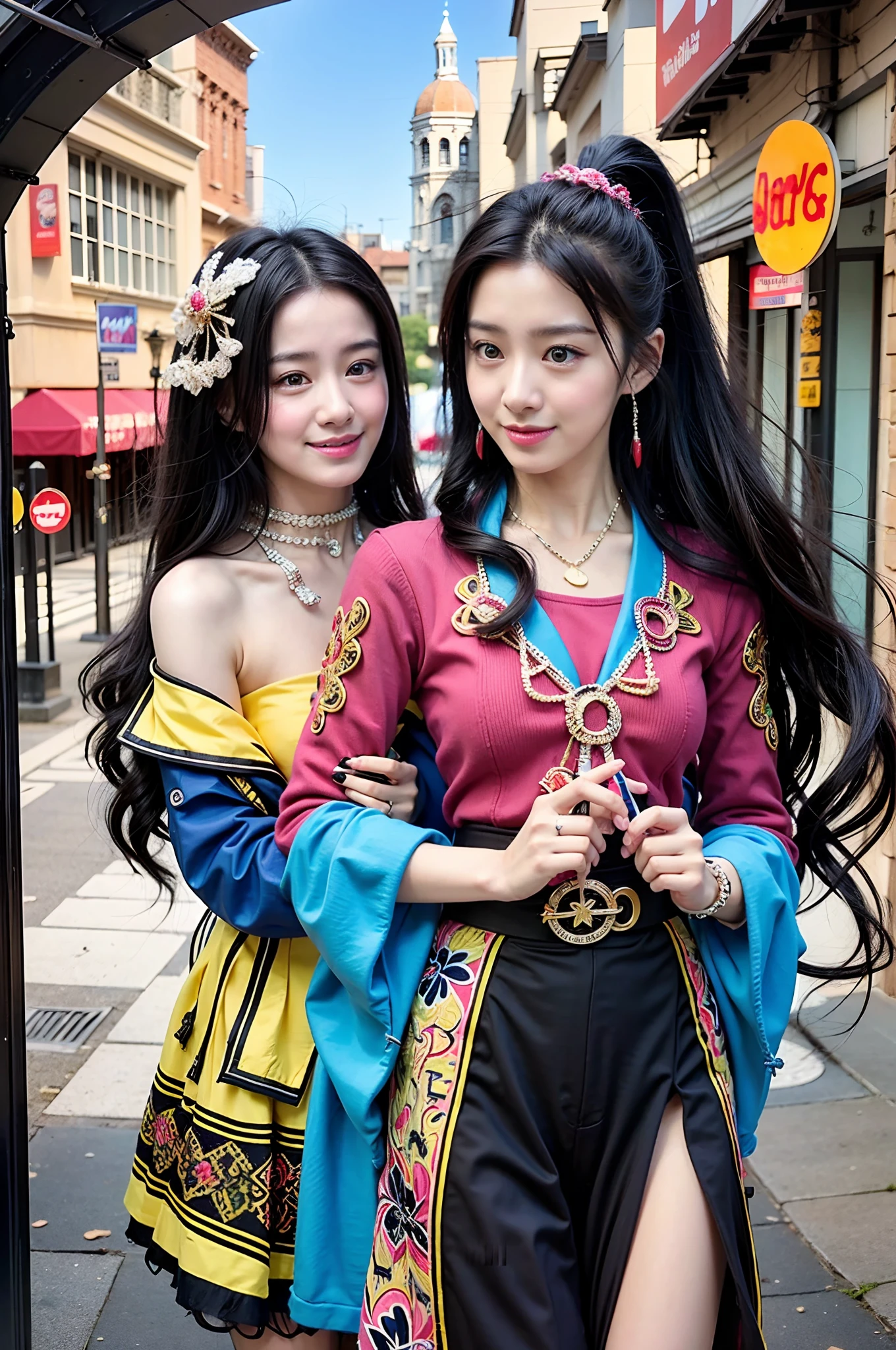 Best quality, Masterpiece, Extremely detailed, high resolution, 4K, 超高分辨率, Detailed shadows, Perfect light and shadow,duo, Two girls in trendy costumes taking selfies on the street, colorful pigtail, anime cosplaying, Anime style mixed with Fujifilm, Cute, big laughter, , Sexy,(Alebriès Art Style),PureErosFace_V1,Urzang-6500-V1 Edition, Edition.1,fantasyoutfit,The princess's eyes widened,Dream necklace,Fantastic ribbons,Dream rings,Fantastic jewelry,Fantastic hair accessory,Dream belt,Studio light,