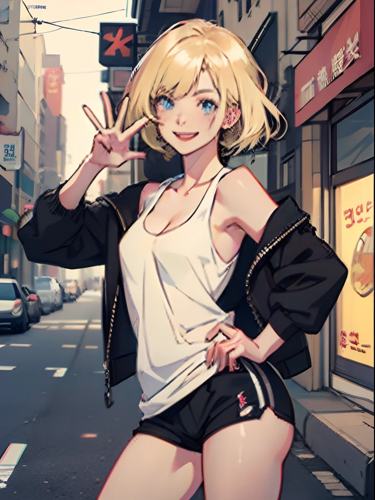 Young woman 20 years old: 1.3, Short light blonde hair: 1.2, Tall: 1.2, Occupation: 1.2, Daytime: 1.2, On the street: 1.2, film lighting, Best quality, 8k,(black tank top), cleavage shirt, short black mini shorts, small boobs ((Anime traits)) Korean girl, seductive look, sexy, mouth open and smiling ((light blonde hair)) ((sexy girl)), happy, smile, peace sign, waving, hello