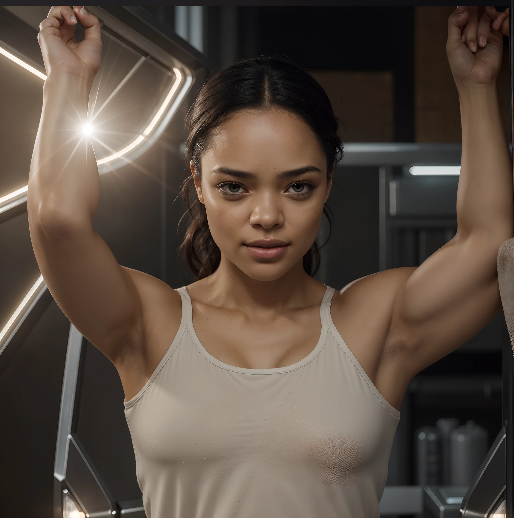 Looks like Tessa Thompson, dressed, (photo realistic:1.4), sweat, (hyper realistic:1.4), (realistic:1.3), (smoother lighting:1.05), (increase cinematic lighting quality:0.9), 32K, 1girl,35yo girl, tiny hair on armpits, realistic lighting, backlighting, light on face, ray trace, (brightening light:1.2), (Increase quality:1.4), (best quality real texture skin:1.4), finely detailed eyes, finely detailed face, finely quality eyes, (tired and sleepy and satisfied:0.0), face closeup, t-shirts, (Increase body line mood:1.1), (Increase skin texture beauty:1.1)