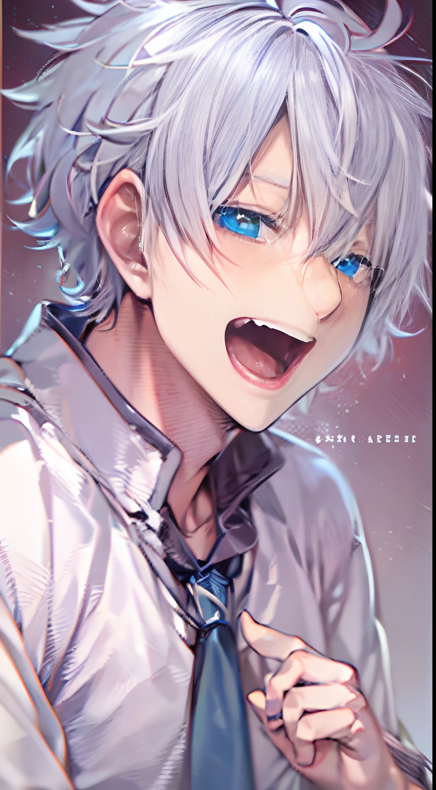 Satoru Gojo,White hair,Short hair,,hair between eye,Blue eyes,colored eyelashes,Confident laughter