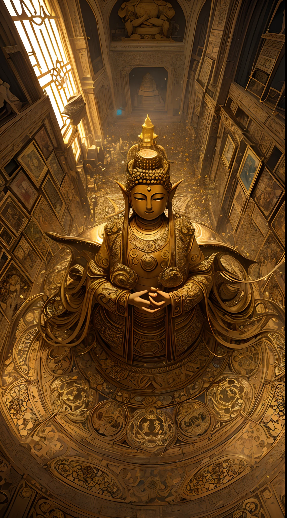 (giant Golden Buddha statue,Cthulhu Evil God Statue,cowboy shot,Aerial view:1.45),Concept art,colorful,beautiful and delicate eyes, beautiful and delicate face, silver long hair, Heteropupil, Nyaruko,Nyarlathotep,huge chest, highly quality, highly resolution, highly definition, intricate lines, concept art, Cthulhu girls, vines, tentacles,holy Saturn ring-halo, evil scales, countless eyes, crystal flowers growing on the head, branches growing on the head, (Shiny metal surface，intricate engraving，Serene expression，radiating with light，Ancient temple background,sacred aura，Ethereal atmosphere，Mysterious energy，delicate craftsmanship，A blend of ancient and modern history，Dunhuang murals in the background，vivd colour，dramatic lights， Dynamic composition，Divine and powerful presence，Meticulous attention to detail，Bigger than life，surreal atmosphere:1.25),（best qualtiy，A high resolution），sharp and clear focus，vivd colour，HDR-like effect，Professional-grade rendering，Ultra-detailed sculpture，Vibrant gold tones，Intense light and shadow，Well-planned textures，Realistic and captivating，Visually breathtaking。