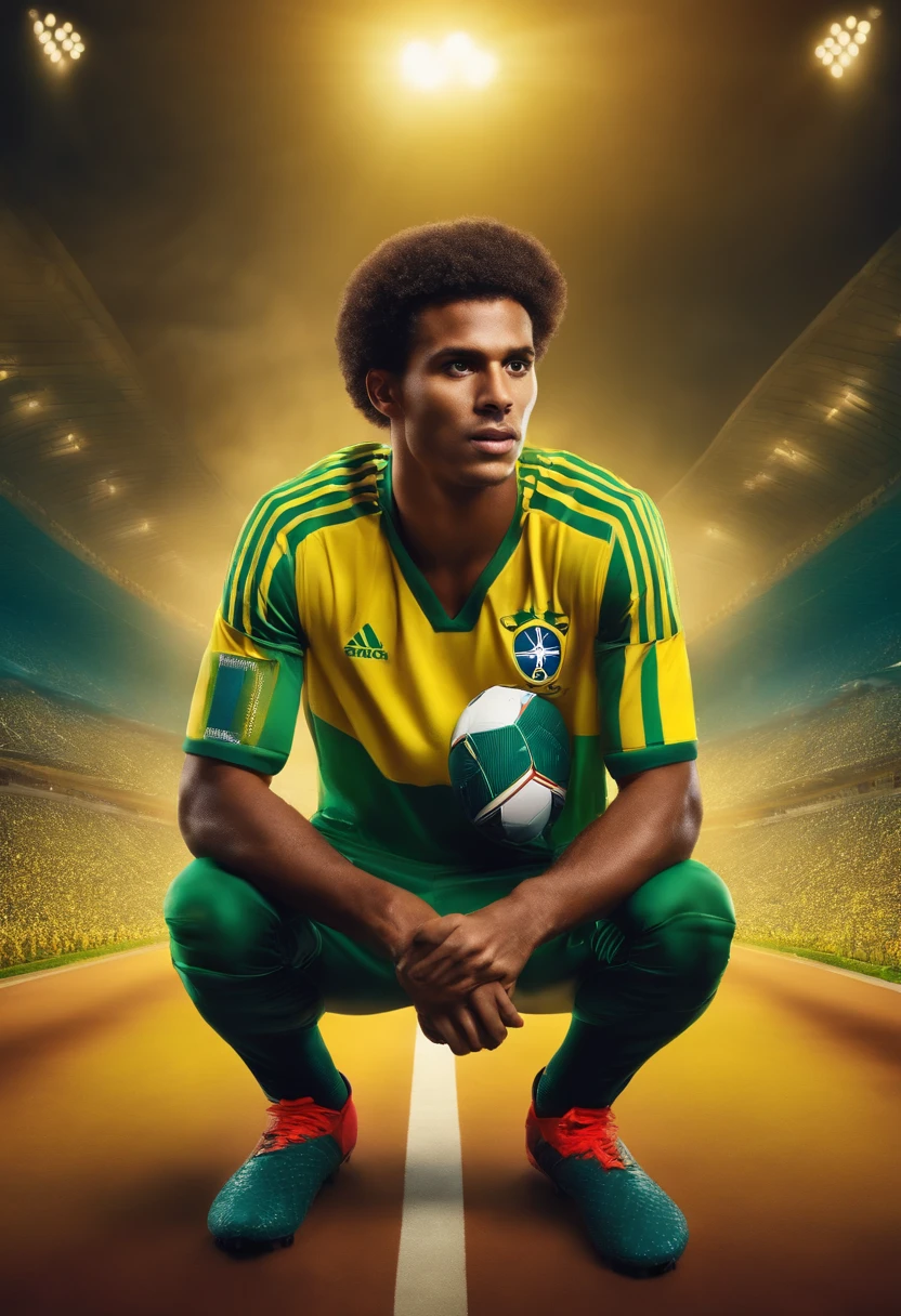 crie um jogador de futebol olhando para frente, sorrindo e de cabelo liso com a camisa do brasil