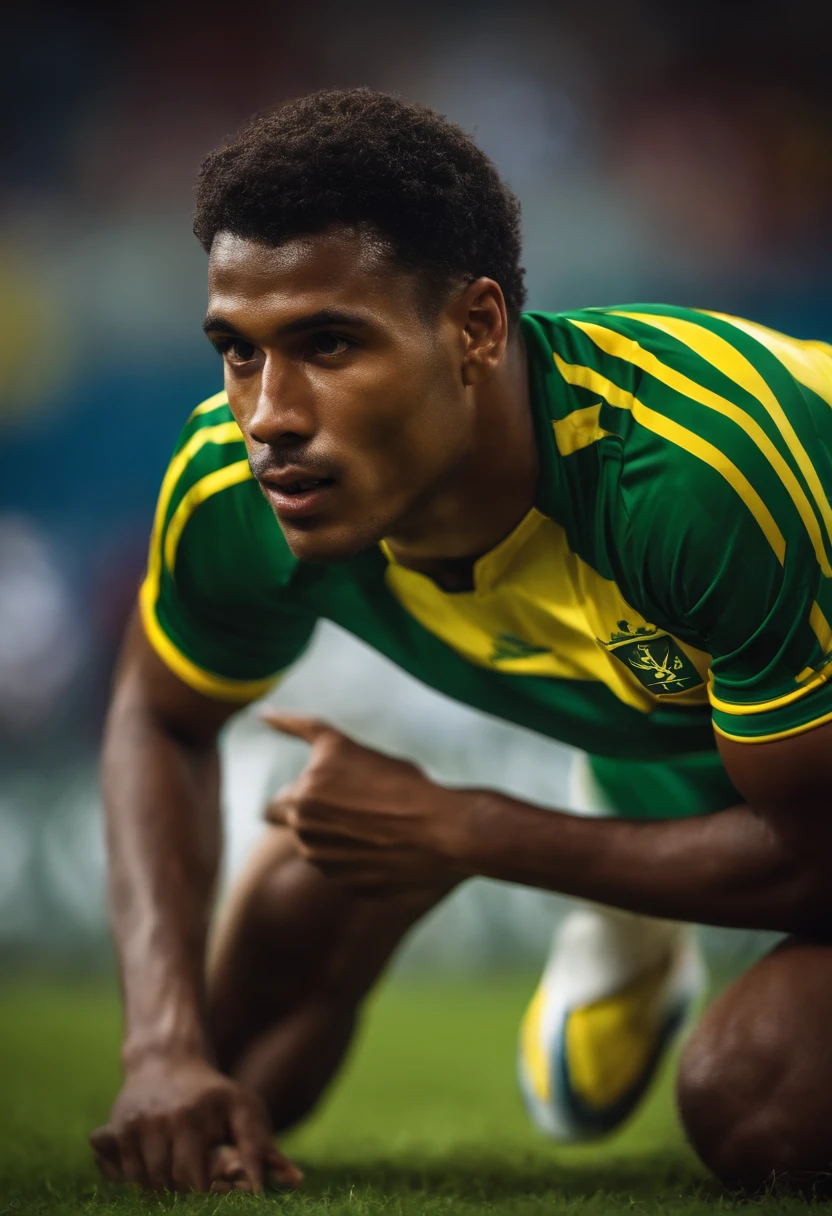 crie um jogador de futebol olhando para frente, sorrindo e de cabelo liso com a camisa do brasil