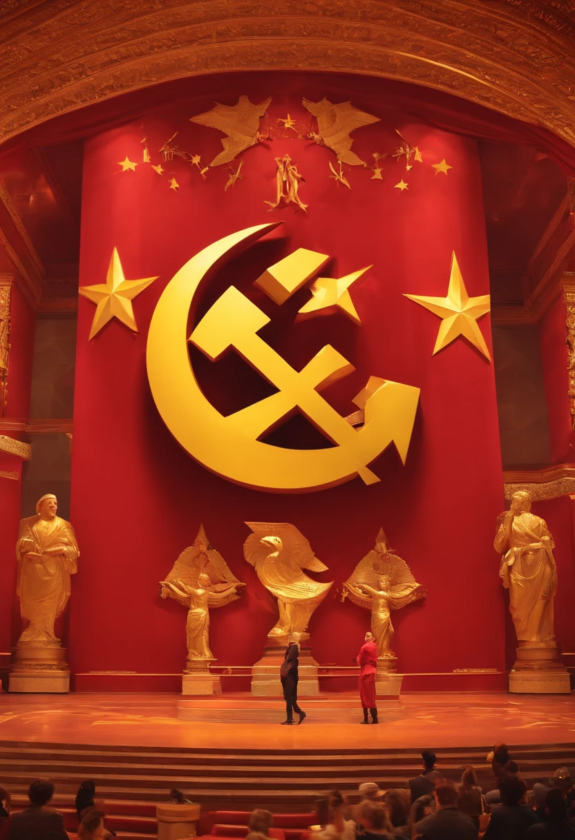 Hammer and sickle composition, communism, installation with happy people, ideology