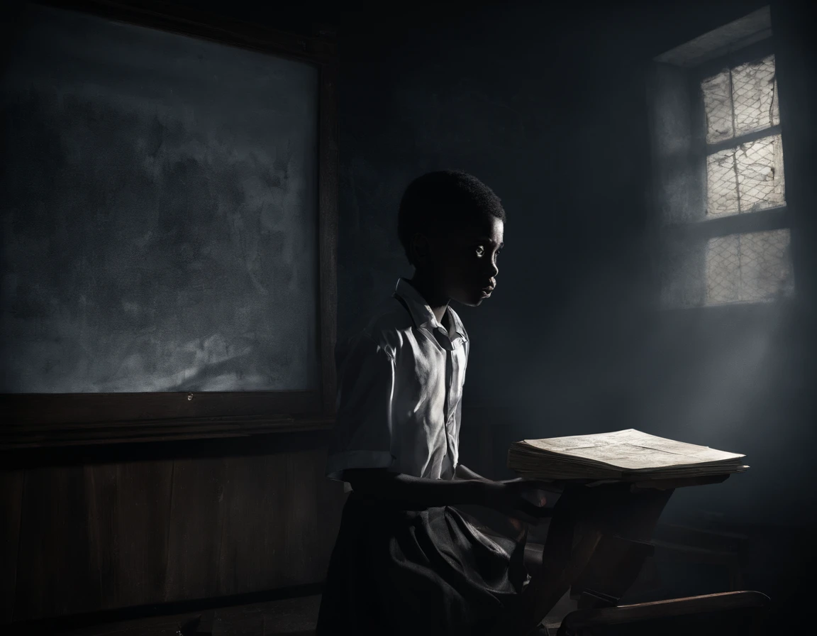 A nigerian highschool student,boy, is being stalked by a demon teacher in a haunted school. The student has beautiful detailed eyes, beautiful detailed lips, and an extremely detailed face. She is frightened, with a worried expression on her face. She is wearing a school uniform and holding a textbook in her hands. The scene is set in a dimly lit classroom, with eerie shadows cast on the walls. The student is standing near a broken window, which adds to the sense of danger. The painting should have a dark and mysterious tone, with vivid colors to emphasize the supernatural elements. The artwork should be of the best quality, with ultra-detailed and realistic details. The lighting should be dramatic, with subtle highlights and shadows playing on the student's face. The overall composition should convey a sense of suspense and fear.