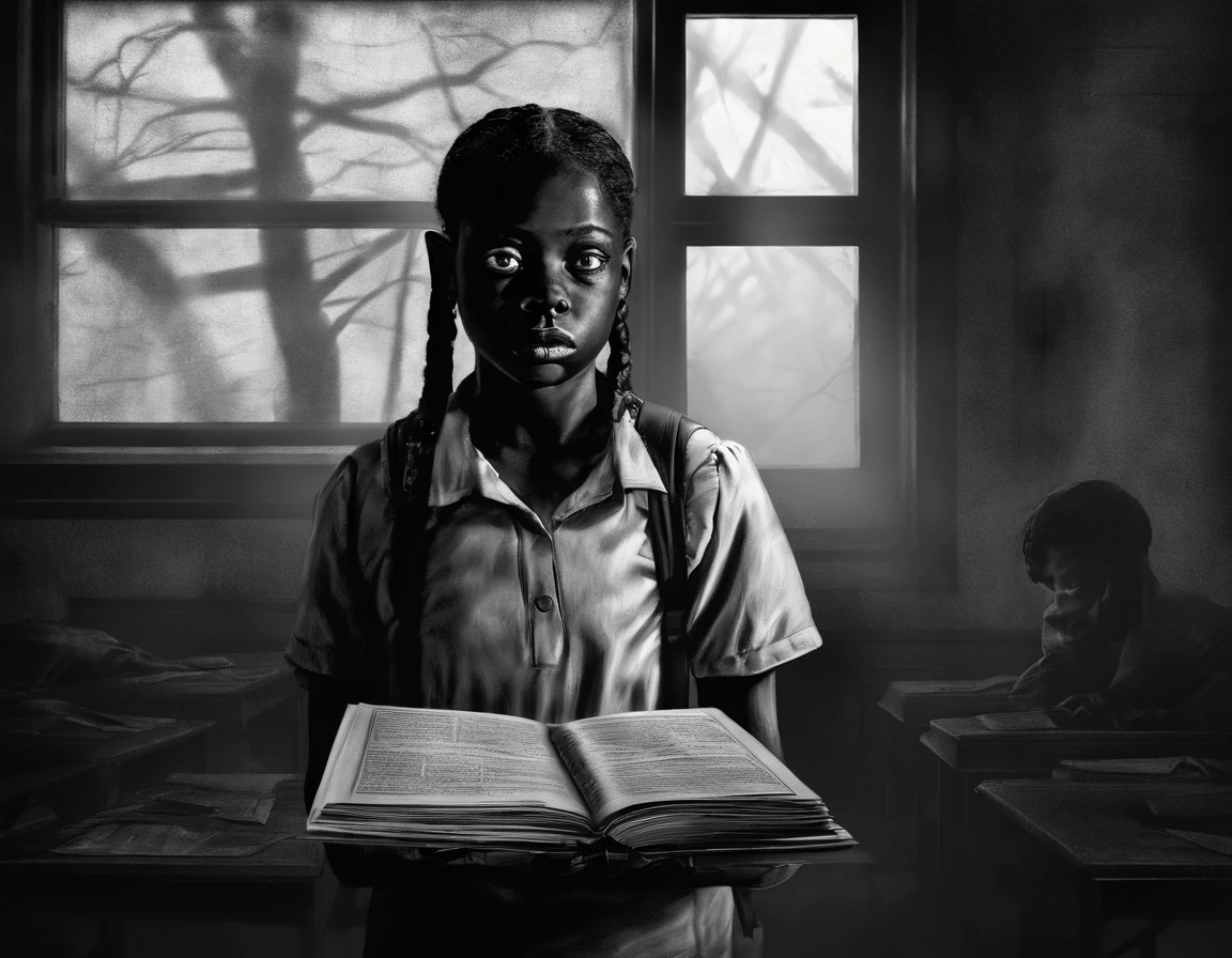 A nigerian highschool student,boy, is being stalked by a demon teacher in a haunted school. The student has beautiful detailed eyes, beautiful detailed lips, and an extremely detailed face. She is frightened, with a worried expression on her face. She is wearing a school uniform and holding a textbook in her hands. The scene is set in a dimly lit classroom, with eerie shadows cast on the walls. The student is standing near a broken window, which adds to the sense of danger. The painting should have a dark and mysterious tone, with vivid colors to emphasize the supernatural elements. The artwork should be of the best quality, with ultra-detailed and realistic details. The lighting should be dramatic, with subtle highlights and shadows playing on the student's face. The overall composition should convey a sense of suspense and fear.