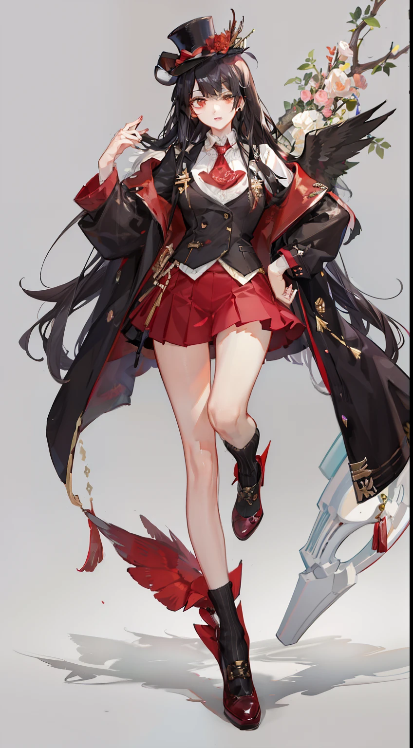 spear、Black hair with red、Vest under blazer、Small top hat and floral ornament on the right、Bone wings on the back、lowfers、knee sox、Hot pants inside the skirt