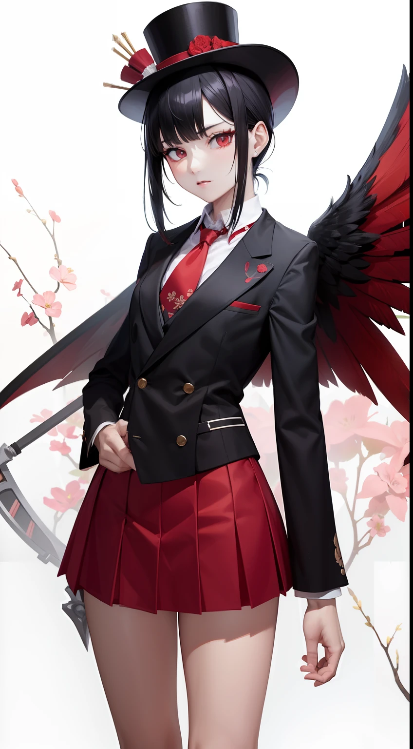 spear、Black hair with red、Vest under blazer、Small top hat and floral ornament on the right、Bone wings on the back、lowfers、knee sox、Hot pants inside the skirt