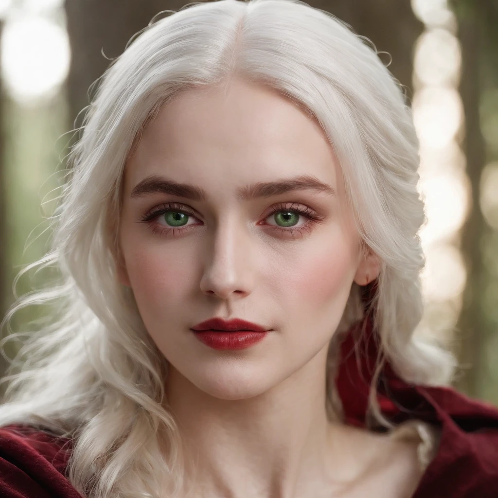 (((a deep reddish wound crosses her left cheek))) fair complexion, woman around 19 years old, natural white hair, distinctive green eyes, wearing kohl, slender and graceful, beautiful, candlelight in a medieval setting, ultra sharp focus, realistic shot, medieval female clothes, tetradic colors (scar:1.4) perfect face, body full