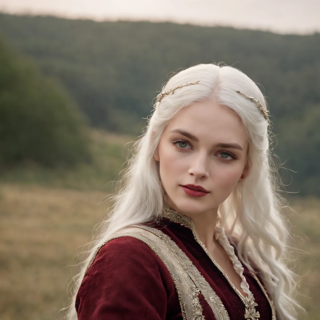 (((a deep reddish wound crosses her left cheek))) fair complexion, woman around 19 years old, natural white hair, distinctive green eyes, wearing kohl, slender and graceful, beautiful, candlelight in a medieval setting, ultra sharp focus, realistic shot, medieval female clothes, tetradic colors (scar:1.4) perfect face, body full