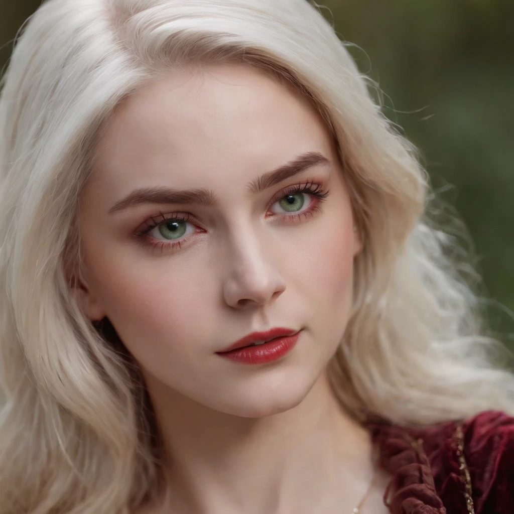 (((a deep reddish wound crosses her left cheek))) fair complexion, woman around 19 years old, natural white hair, distinctive green eyes, wearing kohl, slender and graceful, beautiful, candlelight in a medieval setting, ultra sharp focus, realistic shot, medieval female clothes, tetradic colors (scar:1.4)  perfect face, body full