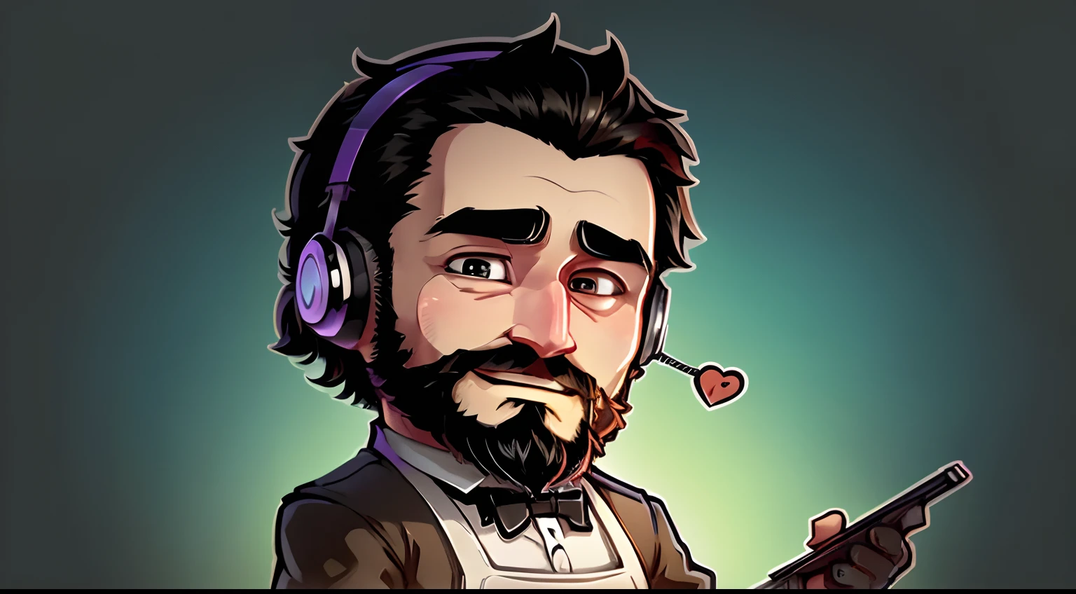 a stickers , man who is a bartender. black short hair and full beard using a gaming headset. He has a friendly face and wears a bartender's uniform,complete with apron and bow tie, represented with vibrant colors, happy expression, writing on a paper, big eyes and a welcoming appearance. chibbi anime style. White background