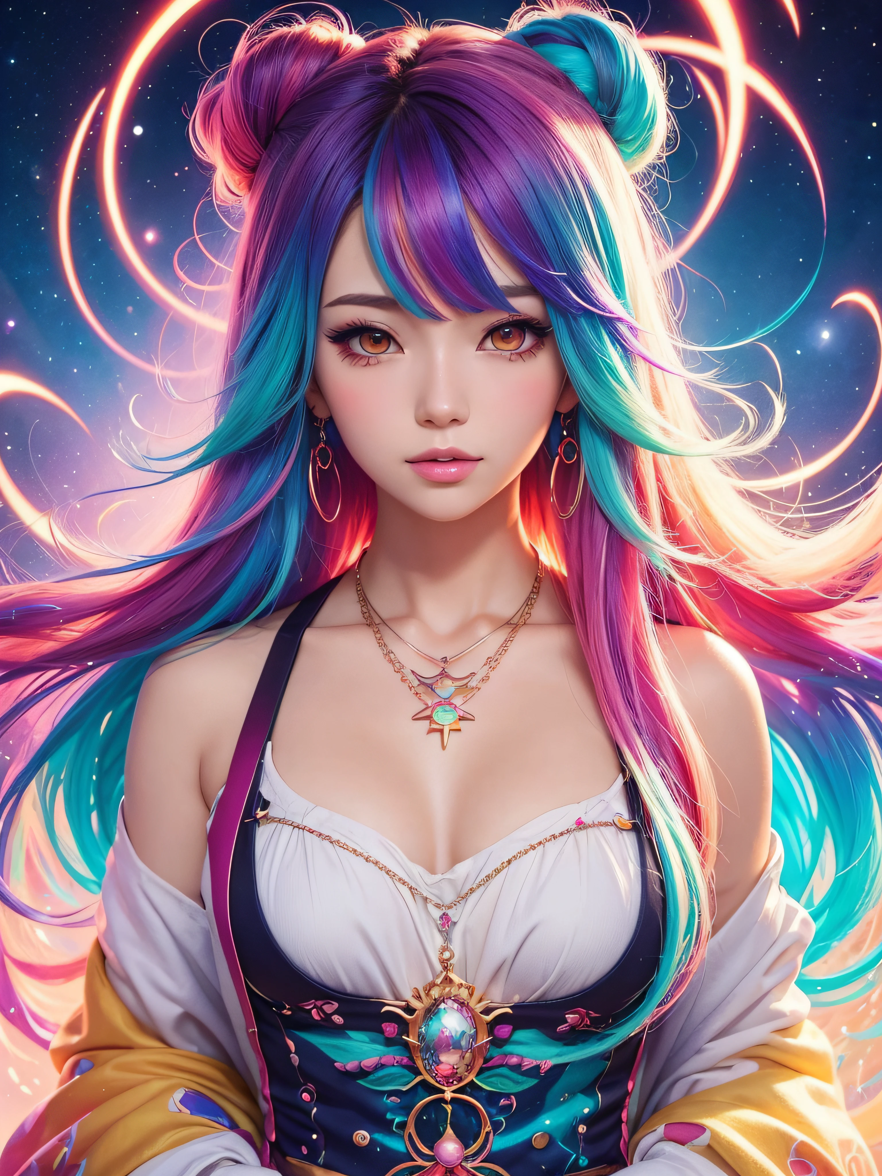 Close-up of a woman with colorful hair and necklace, anime girl with cosmic hair, Rossdraws' soft vibrancy, Gouviz-style artwork, fantasy art style, colorful], vibrant fantasy style, Rossdraws cartoon full of energy, cosmic and colorful, Guweiz, colorful digital fantasy art, stunning art style, beautiful anime style, white skin, night coat,