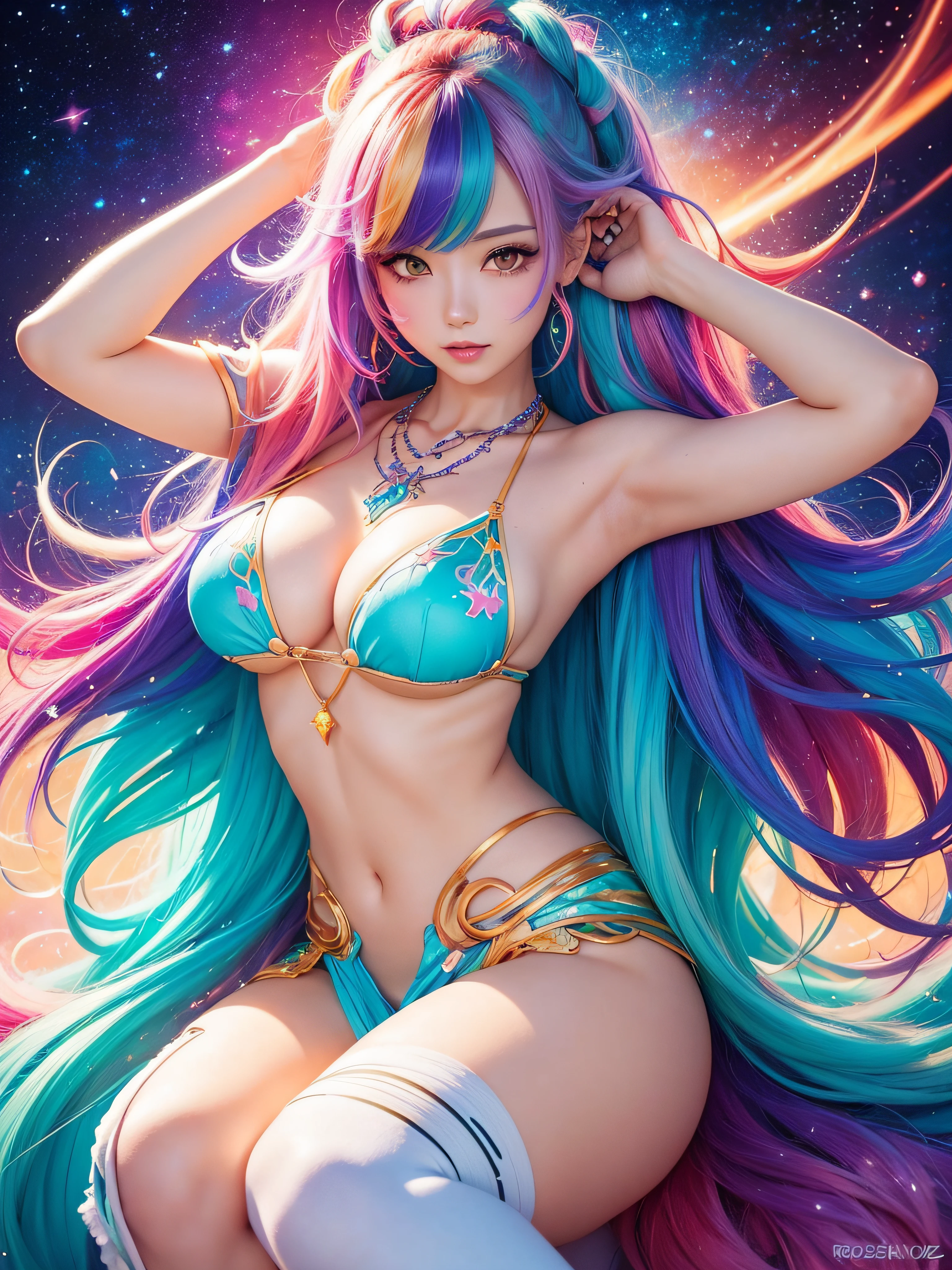 Close-up of a woman with colorful hair and necklace, anime girl with cosmic hair, Rossdraws' soft vibrancy, Gouviz-style artwork, fantasy art style, colorful], vibrant fantasy style, Rossdraws cartoon full of energy, cosmic and colorful, Guweiz, colorful digital fantasy art, stunning art style, beautiful anime style, white skin, night coat,