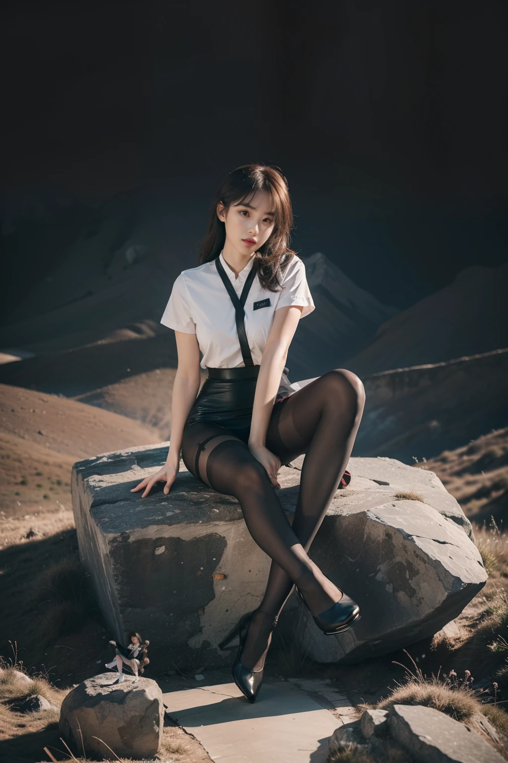 (full body:1.5)，(1girl:1.3),(view the viewer:1.4)，(anatomy correct:1.4),(sitting on the top of mountain:1.2),(Wearing a nurse set:1.2),(Opaque pantyhose:1.3),( girl pointed thick heels :1.1),(Accurate and perfect face:1.3),(wear cool black clothes),hyper HD, Ray traching, reflective light， structurally correct, Award-Awarded, high detail, lighten shade contrast, Face lighting ，cinematic lighting, masterpiece, super detailing, high quality, high detail, best quality, 16k，High contrast,