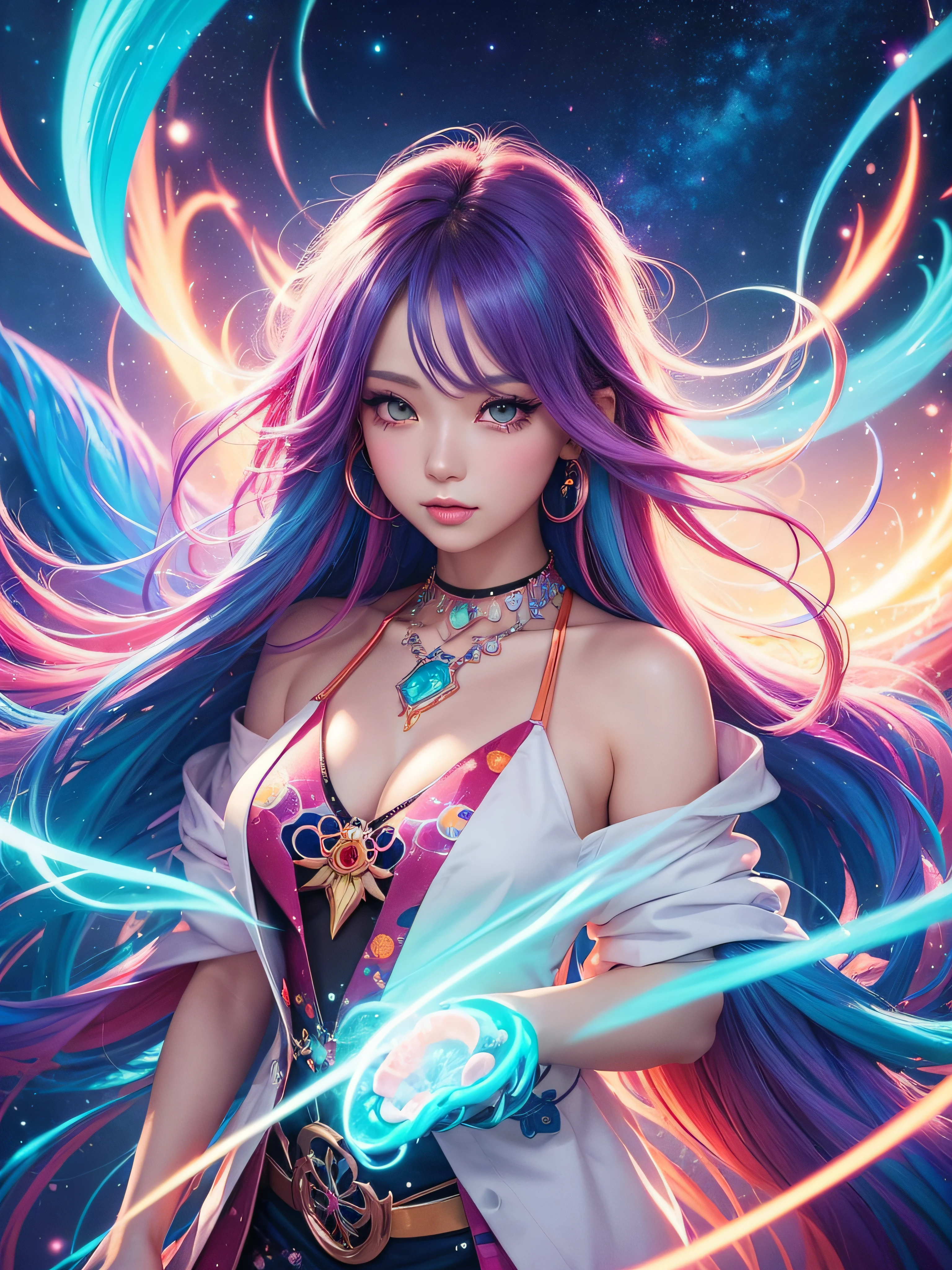 Close-up of a woman with colorful hair and necklace, anime girl with cosmic hair, Rossdraws' soft vibrancy, Gouviz-style artwork, fantasy art style, colorful], vibrant fantasy style, Rossdraws cartoon full of energy, cosmic and colorful, Guweiz, colorful digital fantasy art, stunning art style, beautiful anime style, white skin, night coat,