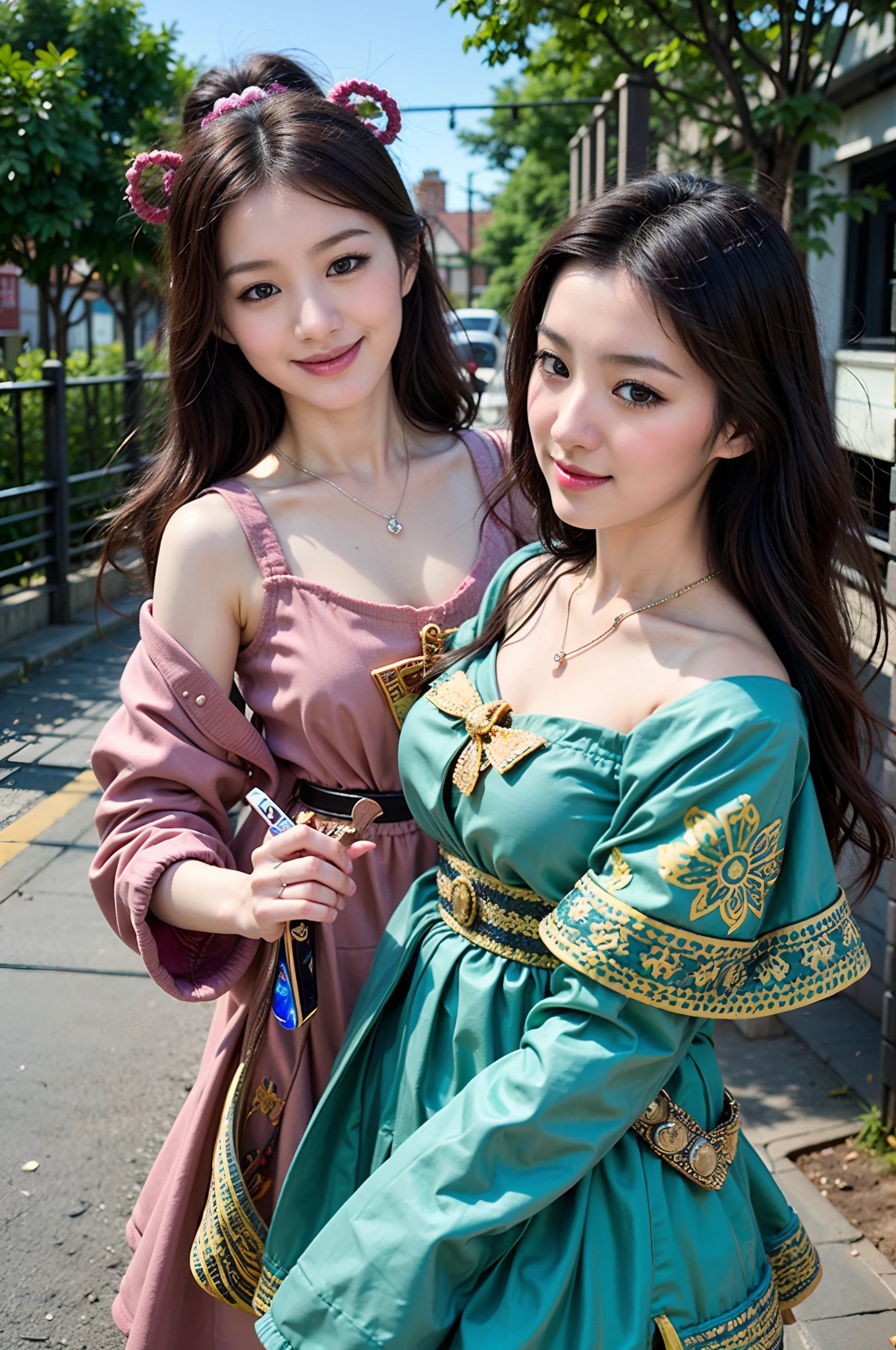 Best quality, Masterpiece, Extremely detailed, high resolution, 4K, 超高分辨率, Detailed shadows, Perfect light and shadow,duo, Two girls in fashionable clothes take selfies on the street, colorful pigtail, anime cosplaying, Anime style mixed with Fujifilm, Cute, big laughter, , Sexy,(Alebriès Art Style),PureErosFace_V1,Urzang-6500-V1 version.1,fantasyoutfit,The princess's eyes were round,Dream necklace,Fantastic ribbons,Dream rings,Fantastic jewelry,Fantastic hair accessory,Dream belt,Studio light,