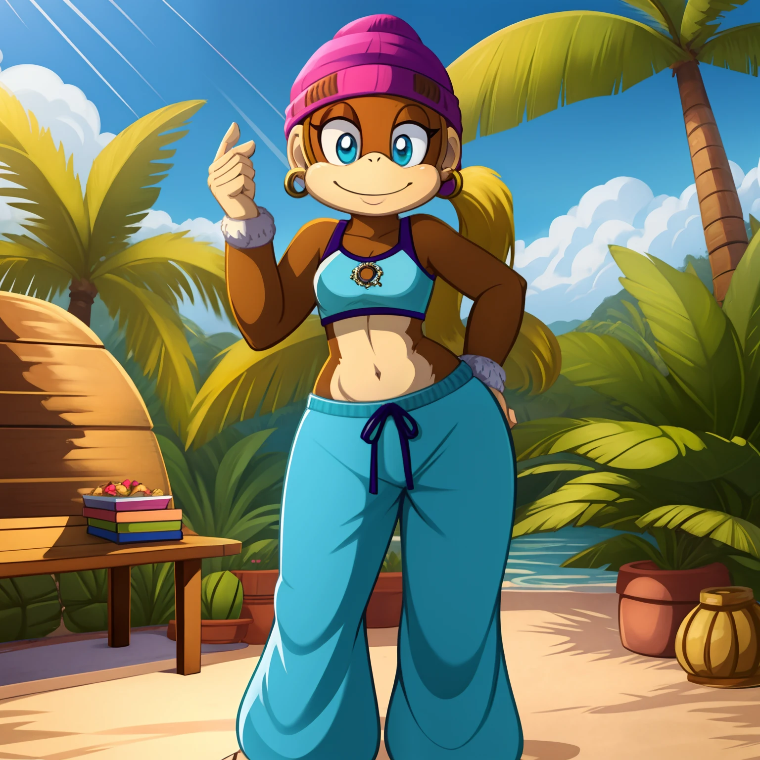 masterpiece, best quality, high resolution, full body, perfect body, perfect face, great detail, depth of field, tinykong, anthropomorphic, blonde hair, twin tails, baggy pants, monkey, crop top, light brown fur, beanie, anthro monkey, solo, 1girl, jungle background, palm trees, curvy hips, cel shaded, cartoon, flirty pose, looking at viewer