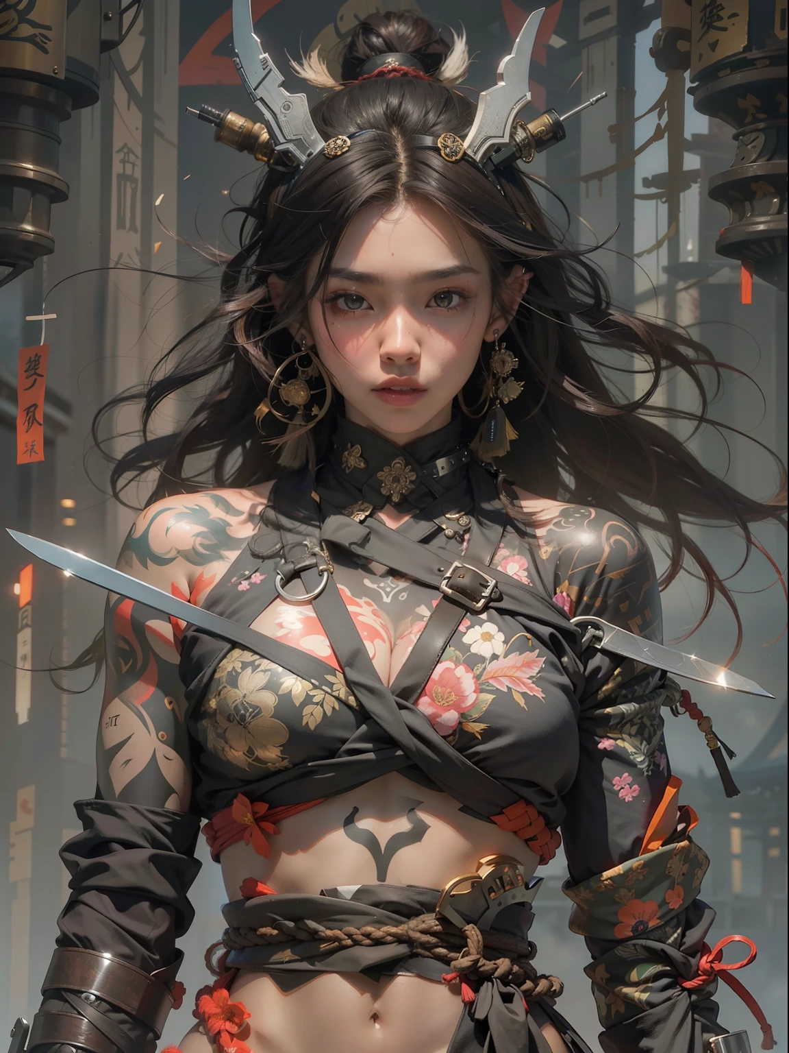 (((mtu))), (((best qualityer))), (((tmasterpiece))), (((AS-Adult))), ((( Japanese ))), Look up from your knees, Handsome Asian samurai,perfect body figure, Modern samurai, ((( Asian))), Wear gloves on your hands,The left arm is made of steel and metal tips,Made of protective devices, The eyes are pulled, (( Appears below the chest )), (( Small dental floss )), Simon Bisley, Almost naked(Simon Bisley)Castle City Wilderness,For high-resolution posters, hair straight, Minimum clothing, armure (Crazy clothes ), Full of tips and rivets, tribal tattoos, (((full bodyesbian))), Straight brunette hair,Colored hair ends
