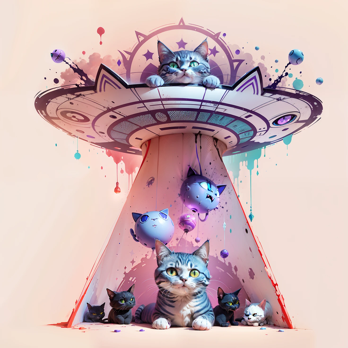 Evil alien cat, Cara ruim e expressivo, fundo branco, cor, roxo, Azul claro, amarelo e vermelho, adicione pequenos cogumelos no chao onde o gato esta sentado e cores vividas