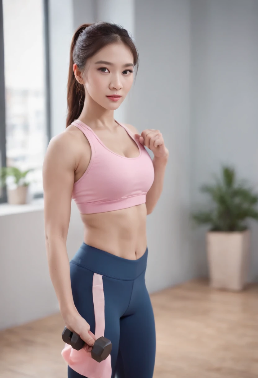 38yr,Chinese woman,(pink sports bra),(Blue yoga pants),pony tails,Taking, Hold a dumbbell,bended forward,cleavage,in the gym,(Indoor light),(Photorealistic),(Best quality), (Masterpiece), (A high resolution), Original, Extremely detailed 8k wallpaper, (An extremely delicate),(Realistic Facial Expression),(Realistic skin rendering),