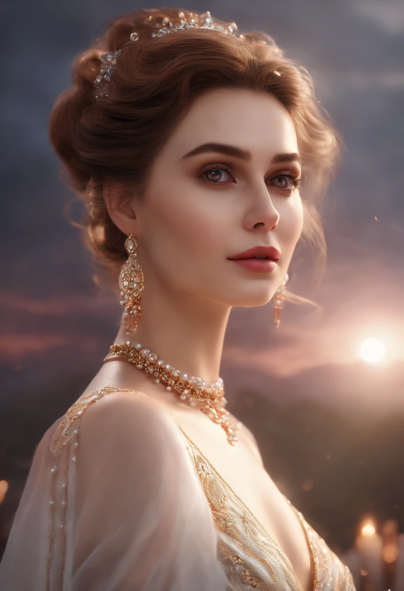 urreal 8k cg, perfect, clean, masterpiece, professional artwork, famous artwork, cinematic lighting, cinematic bloom, perfect face, beautiful face, long evening dress, bare shoulders, big tits, hairstyle, ponytail, necklace, jewelry, rubies, pearl, diamond, Tall body, high heels, jacket, (small mole under the eyes), fashionable stained glasses, glasses, full-body photo, standing on top of a mountain, cloudy, wind, beautiful sunrise, detail, surreal 8k, 32 thousand.