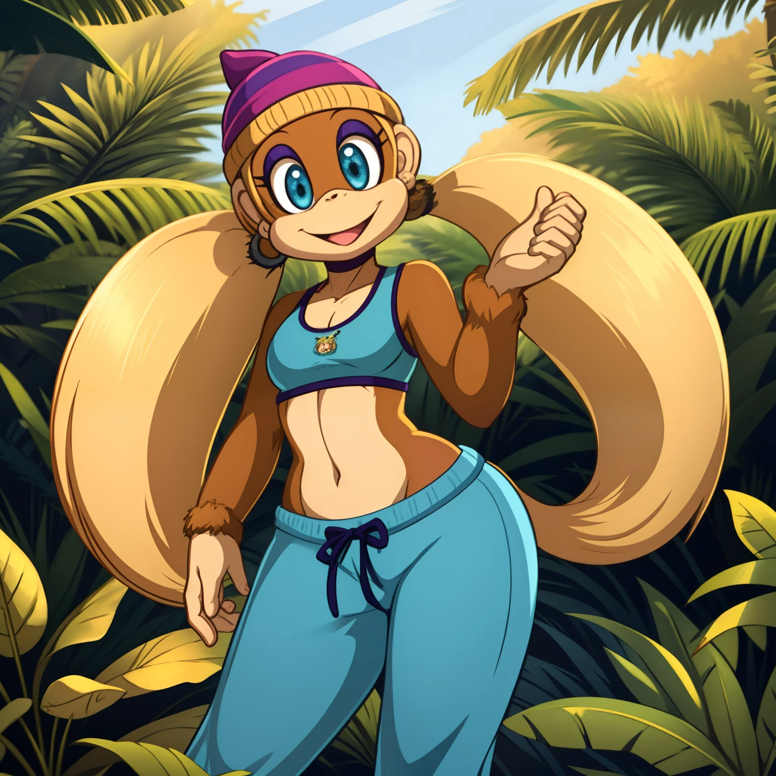 masterpiece, best quality, high resolution, full body, perfect body, perfect face, great detail, depth of field, tinykong, anthropomorphic, blonde hair, twin tails, baggy pants, monkey, crop top, light brown fur, beanie, anthro monkey, solo, 1girl, jungle background, palm trees, curvy hips, cel shaded, cartoon, flirty pose, looking at viewer