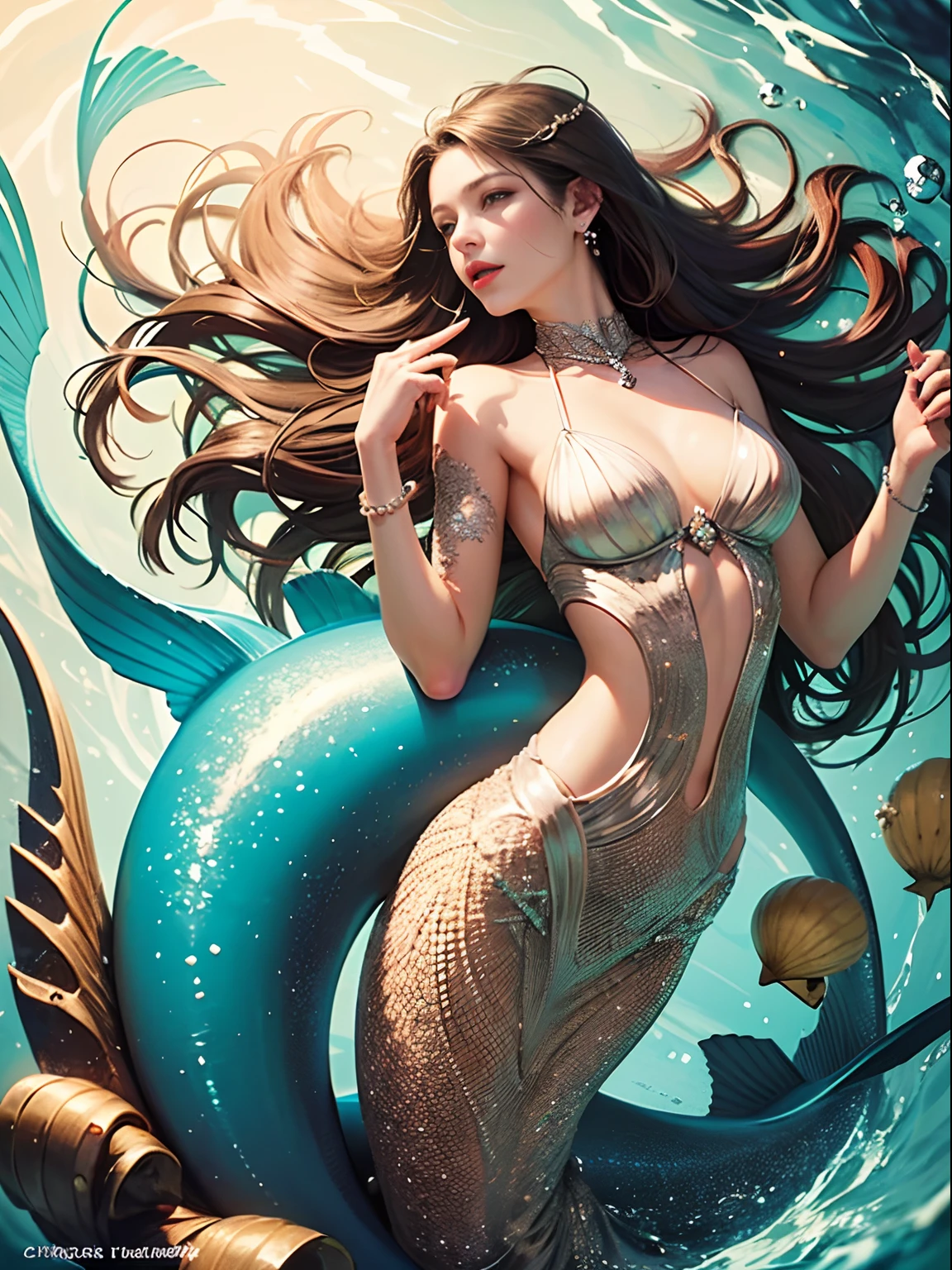 official arts, Unity 8k壁纸, Ultra-detailed, Beautiful and aesthetically pleasing, tmasterpiece, beste-Qualit, (zentangle, a Mandala, clew, meshing), (s fractal art: 1.3), 1 Mermaid, (Long hair) ocean, Extremely detailed, dinamic angle, Cowboy shot, Most Beautiful Form of Chaos, elegant, a brutalist designed, bright colours, romanticism, seafoam, bubbles, shells, fish, pearls