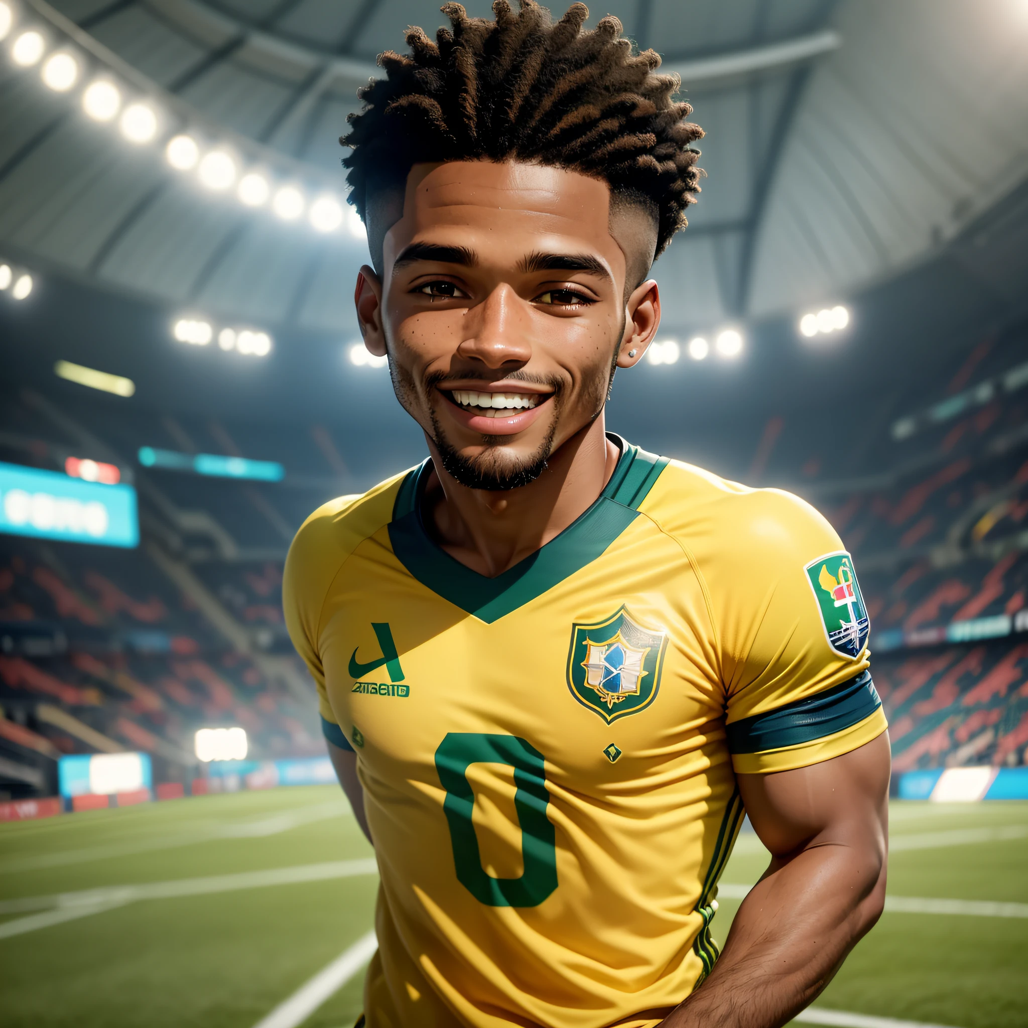 crie um jogador de futebol olhando para frente, sorrindo e de cabelo liso com a camisa do brasil de 2022, in animation format, campo de futebol de fundo