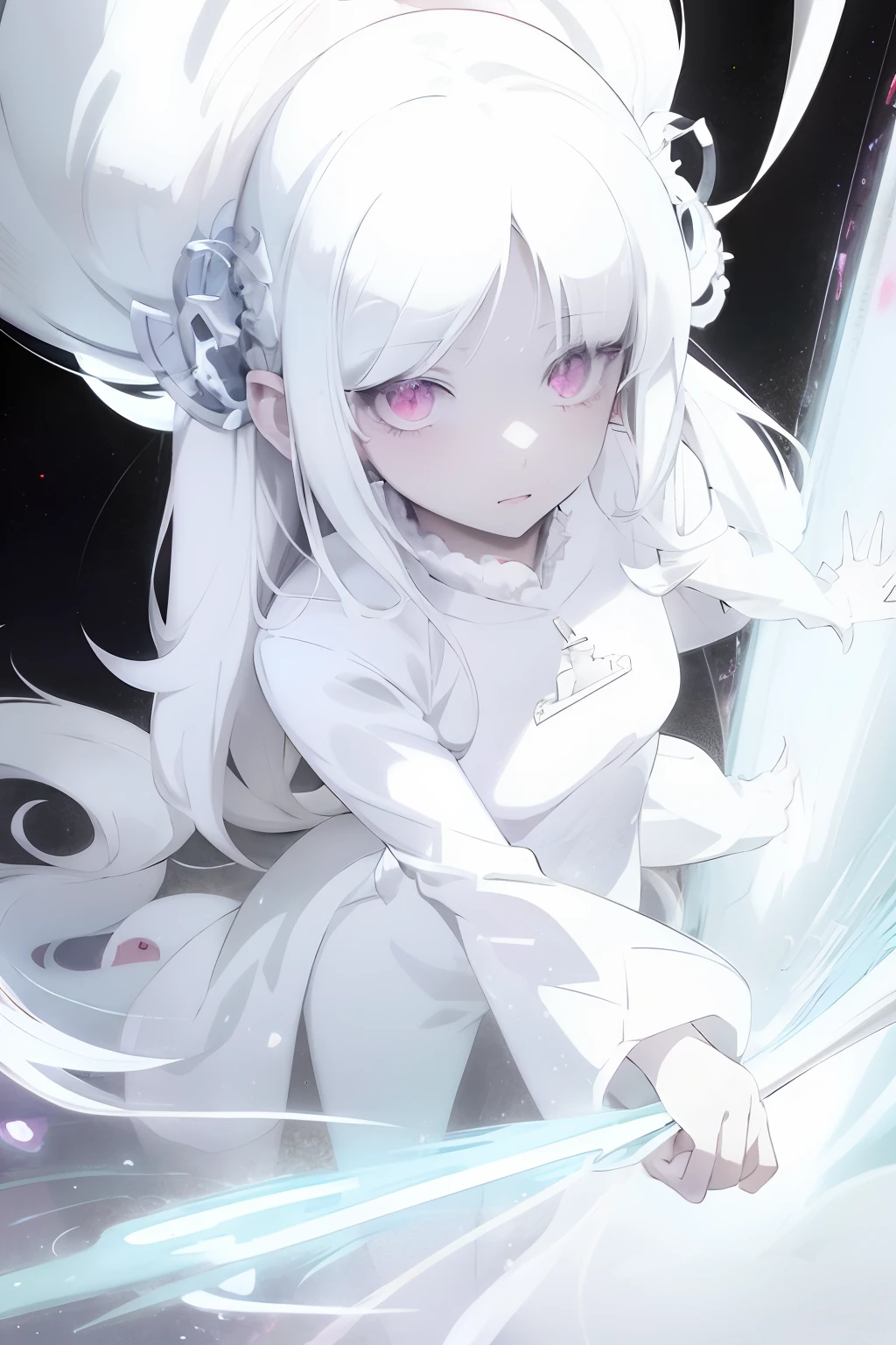 white hair,ethereal anime, White Cat Girl,Pale Young Ghost Girl, demon anime girl, Glowing white eyes, Fuzzy Ghost, soft anime illustration, with white long hair, 2 d anime style, 2d art cover, dreamy psychedelic anime, anime abstract art,Detailed key anime art