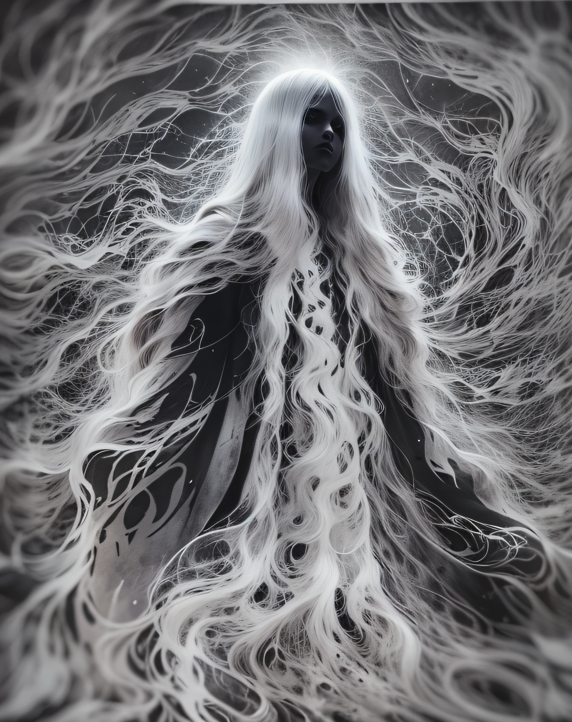 Figura fantasma blanca del mundo exterior Medio de cerca Obra de arte oscura, Copy electrostatic art style, Escanografía, Arte de Xerox, colores blanco y negro, Elementos de arte oscuro, movimiento de desenfoque,