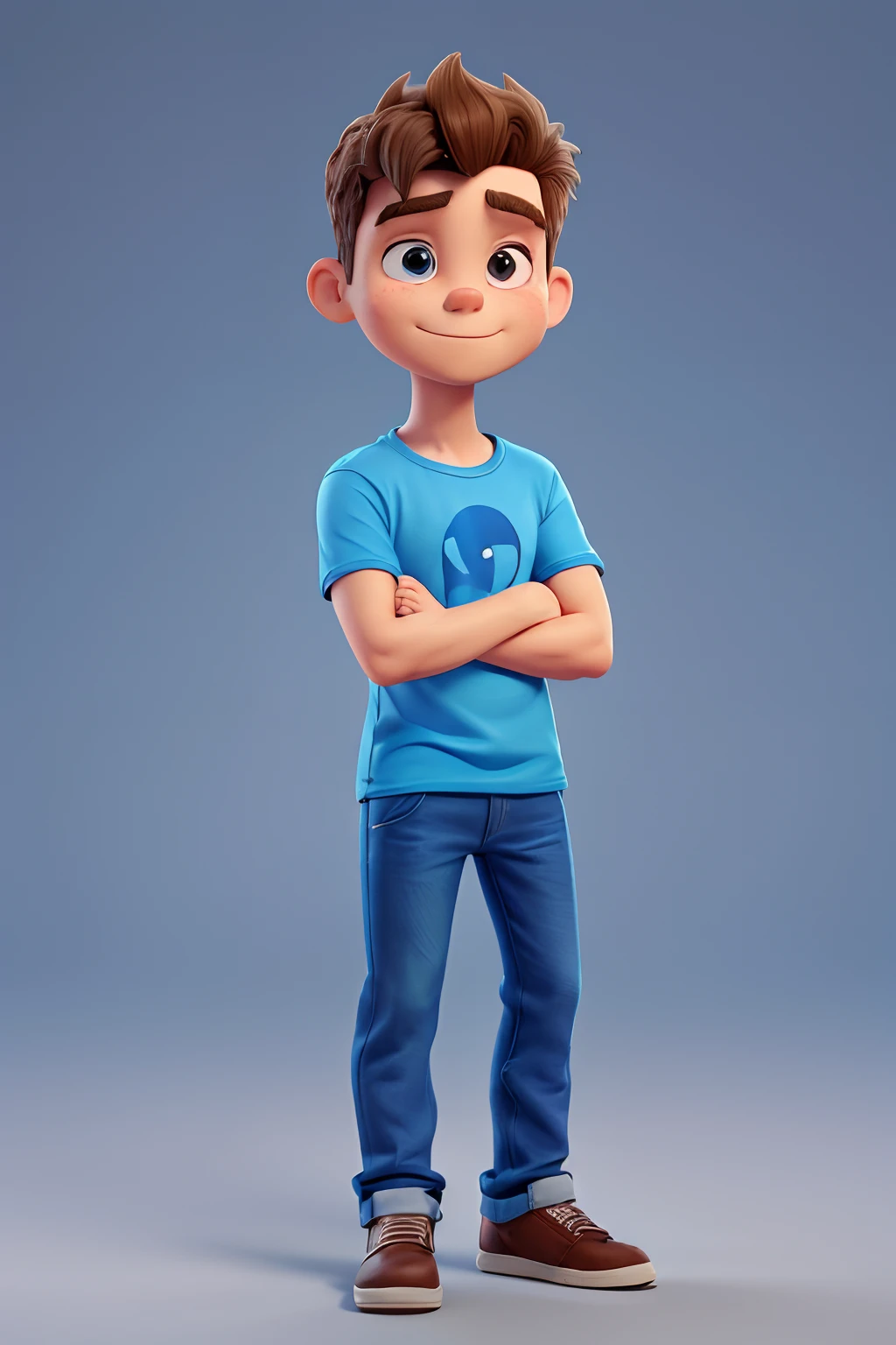 A happy cute boy standing short hair with dark blue cap , vestindo uma camisa azul , , fundo branco, barnet, Tom, Estilo Pixar, ......3d, desenhos animados, rosto detalhado, asymmetrical 16k
