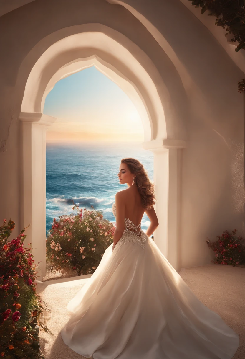 urreal 8k cg, perfect, clean, masterpiece, professional artwork, famous artwork, cinematic lighting, cinematic bloom, perfect face, beautiful face, long evening dress, bare shoulders, big bust, hair style, necklace, jewelry, ruby, pearl, diamond, High body, high heels, jacket, (small mole under the eyes), glasses, full body photo, beautiful sunrise coastline, detailed, surreal 8k, 32k.