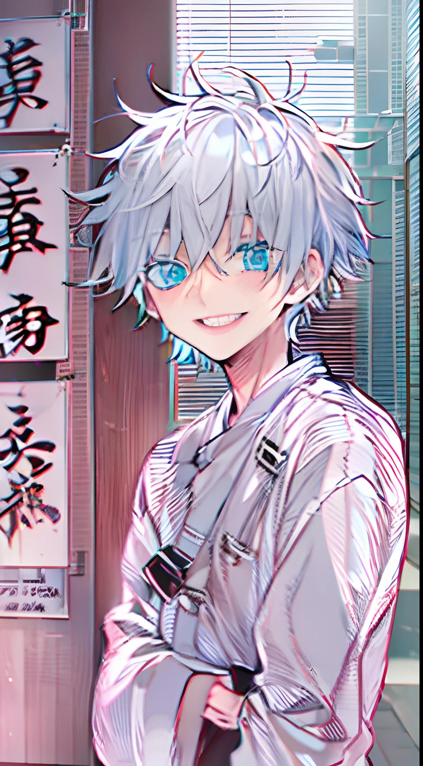 Satoru Gojo,White hair,Short hair,,hair between eye,Blue eyes,colored eyelashes,Confident laughter