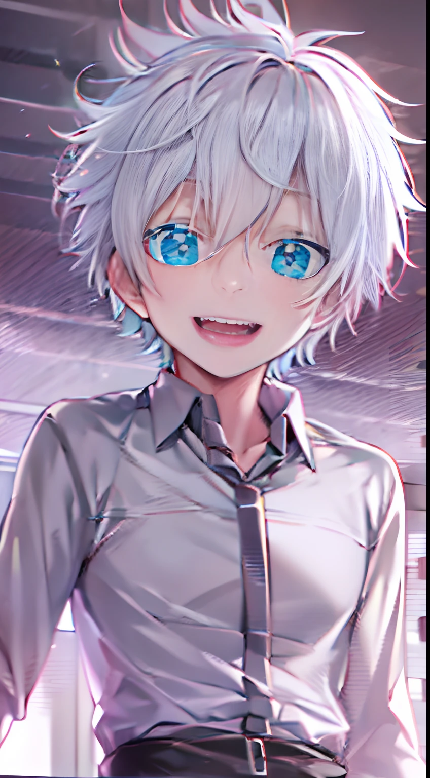 Satoru Gojo,White hair,Short hair,,hair between eye,Blue eyes,colored eyelashes,Confident laughter
